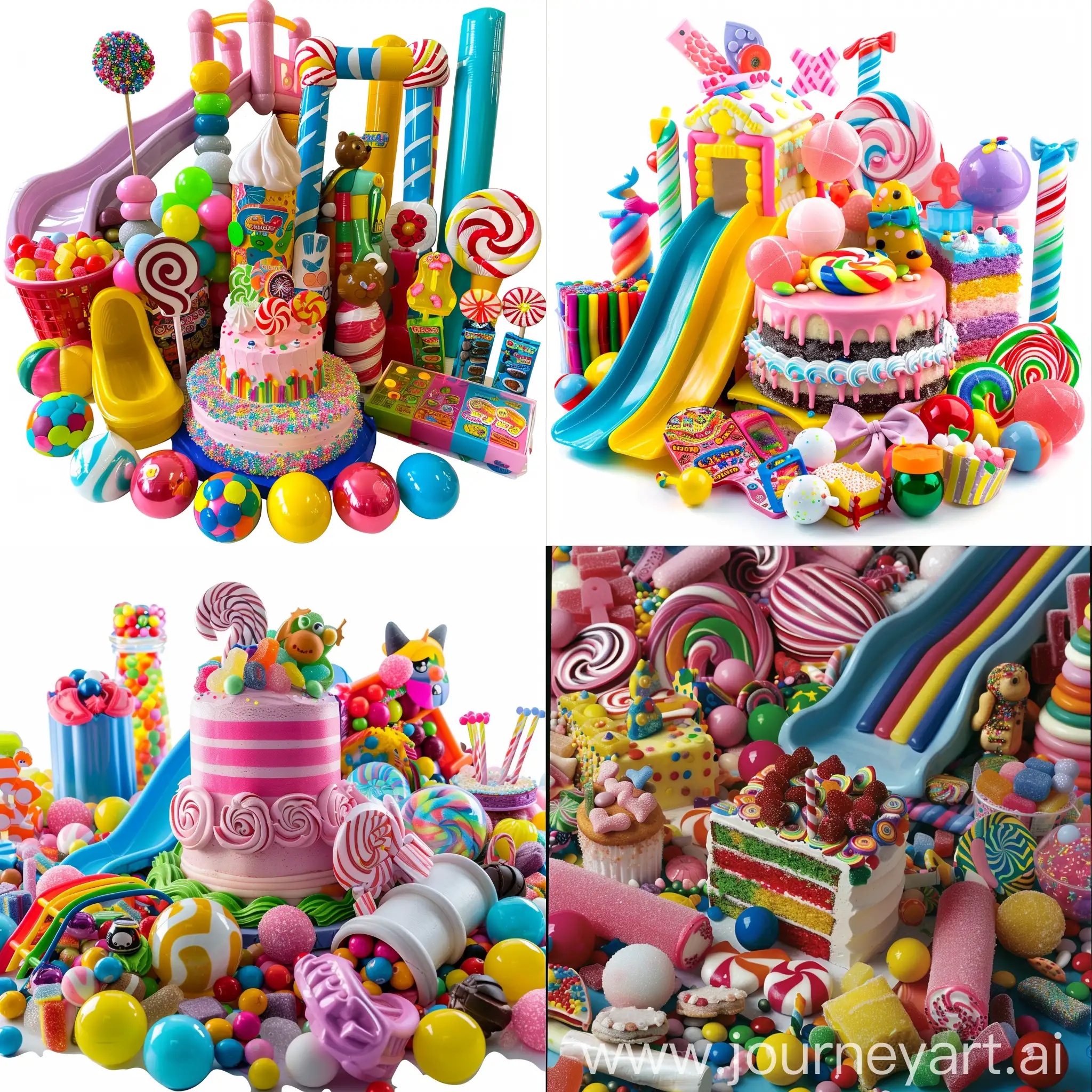 A pile of cool things for kids. Candy cake, games, balls, slide, bicicle etc.