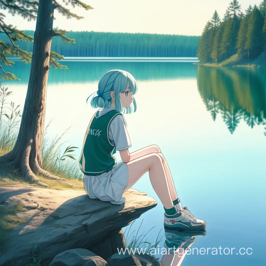 аниме девушка сидит с приподнятой коленкой на берегу озера а нв другой стороне озера виднеется лес, стиль как будто нарисовано рукой без графических программ