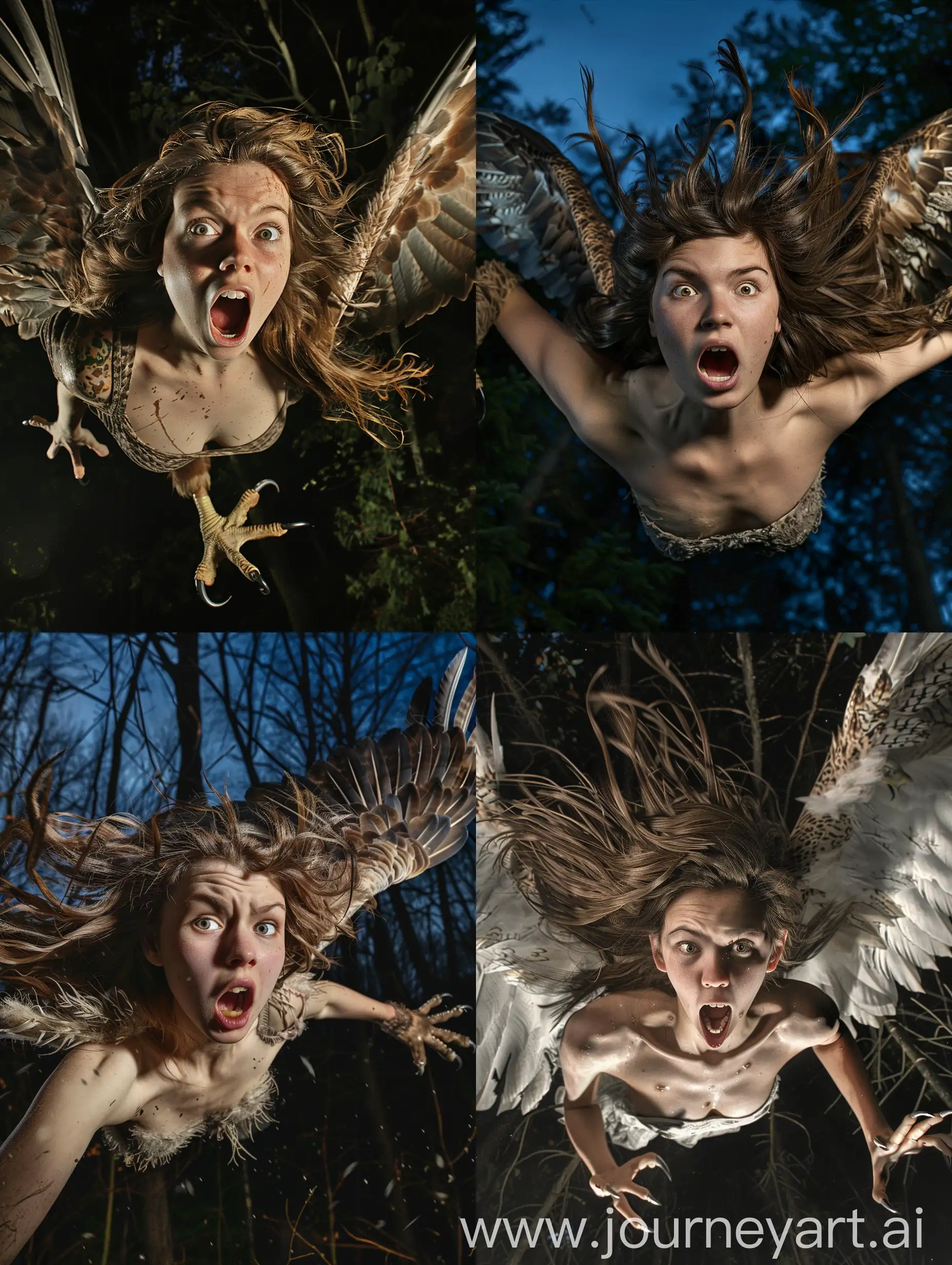 A young woman with loose brown hair, who has been transformed into an eagle. She has a beak, wings, feathers and claws. She is flying over a forest at night. She has a desperate expression, screaming for help. Realistic photograph, full body picture.