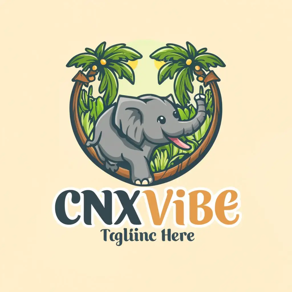 a logo design, with the text CNX VIBE, main symbol: cute happy baby elephant, moderate, be used in travel industry, clear background, Modern font, jungle theme, green mountain forest, Thailand, Chiang Mai, Doi Suthep, Clear background