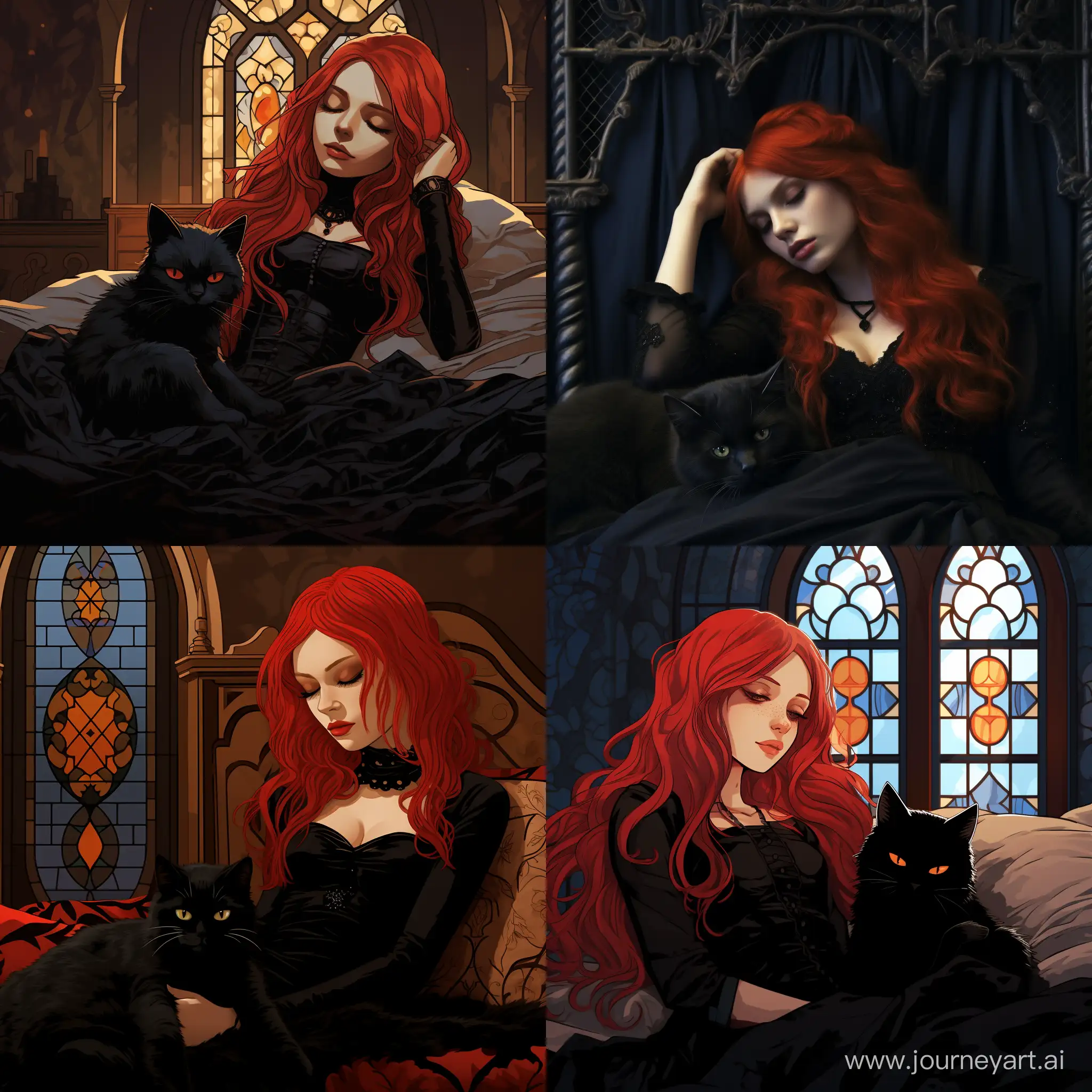 Gothic-Style-RedHaired-Girl-Sleeping-with-a-Mysterious-Cat