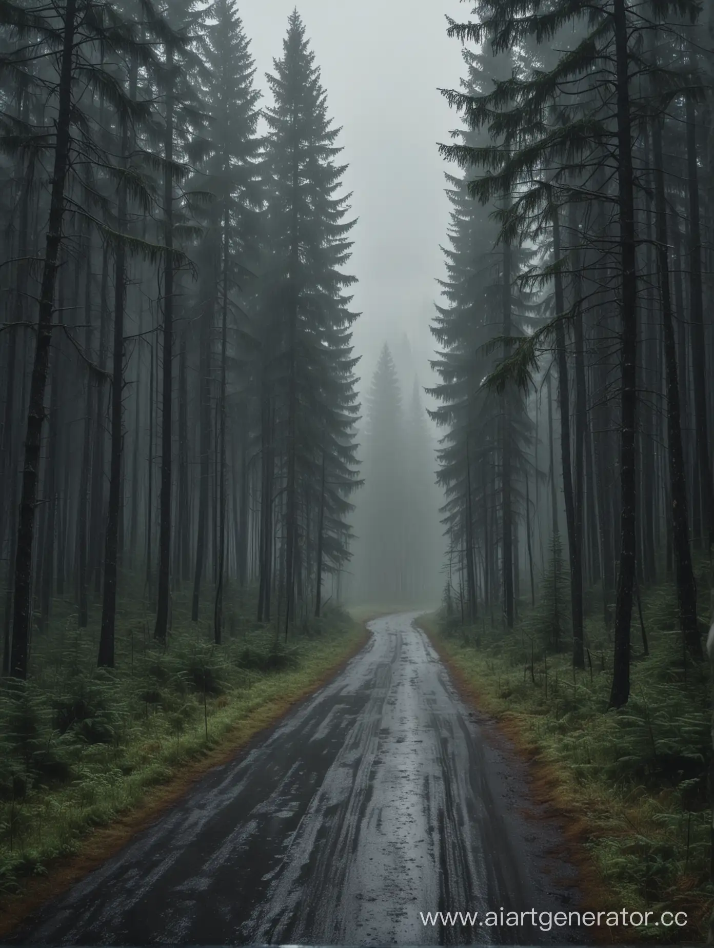 Темный еловый  густой высокий лес, небольшой дождь , и дорога вперед ,  где в конце виднеется заброшенный город , из леса кажется словно какой то большой силуэт

