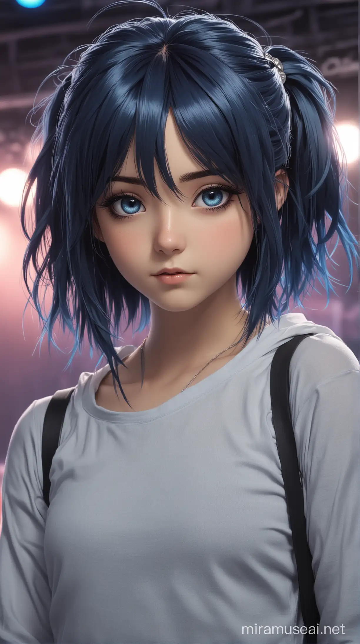 chica anime joven,14 años, cabello azul oscuro, cabello largo, ojos azules,  estilo rock retro moderno, con un escenario detrás.