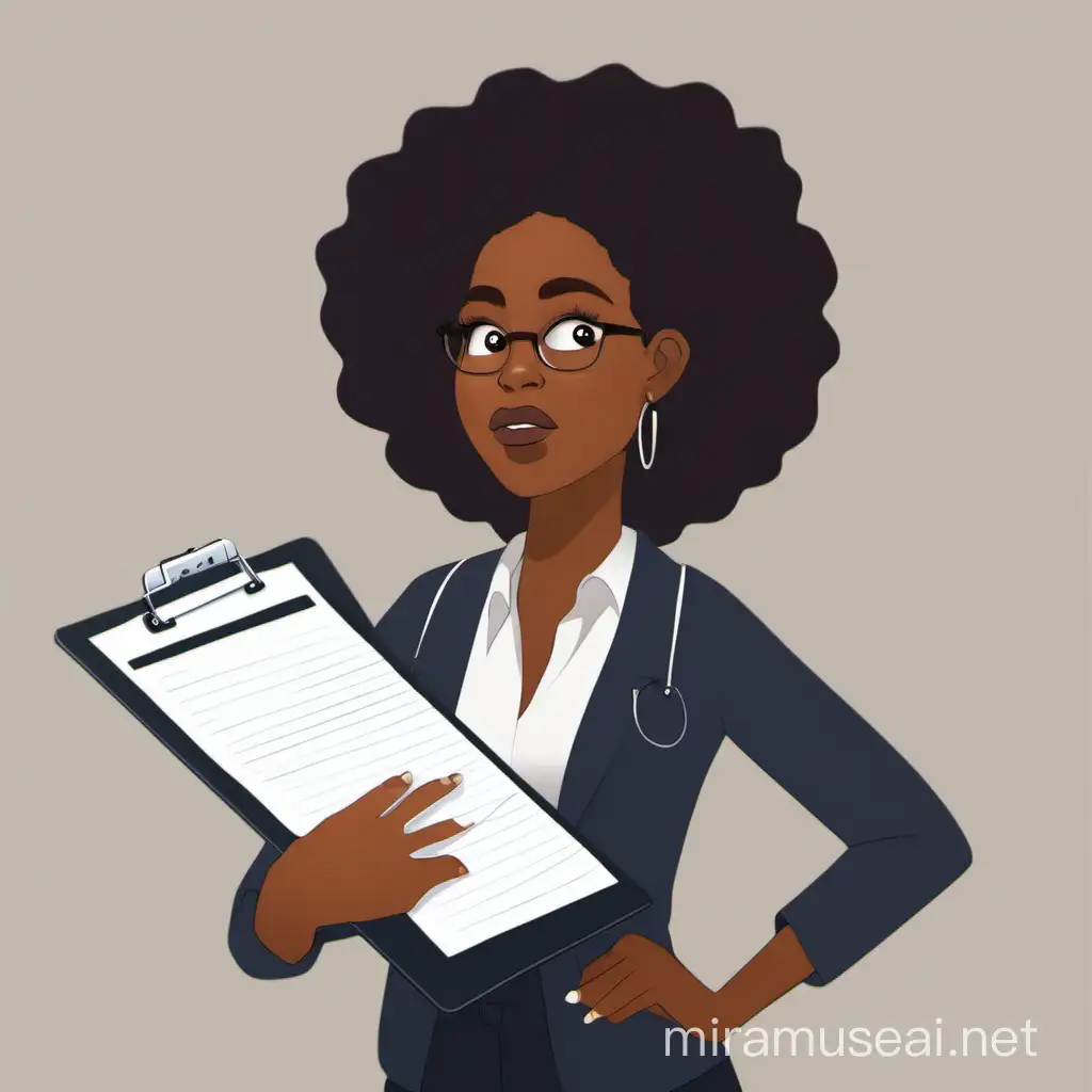 animated black woman with clipboard in one hand thinking
