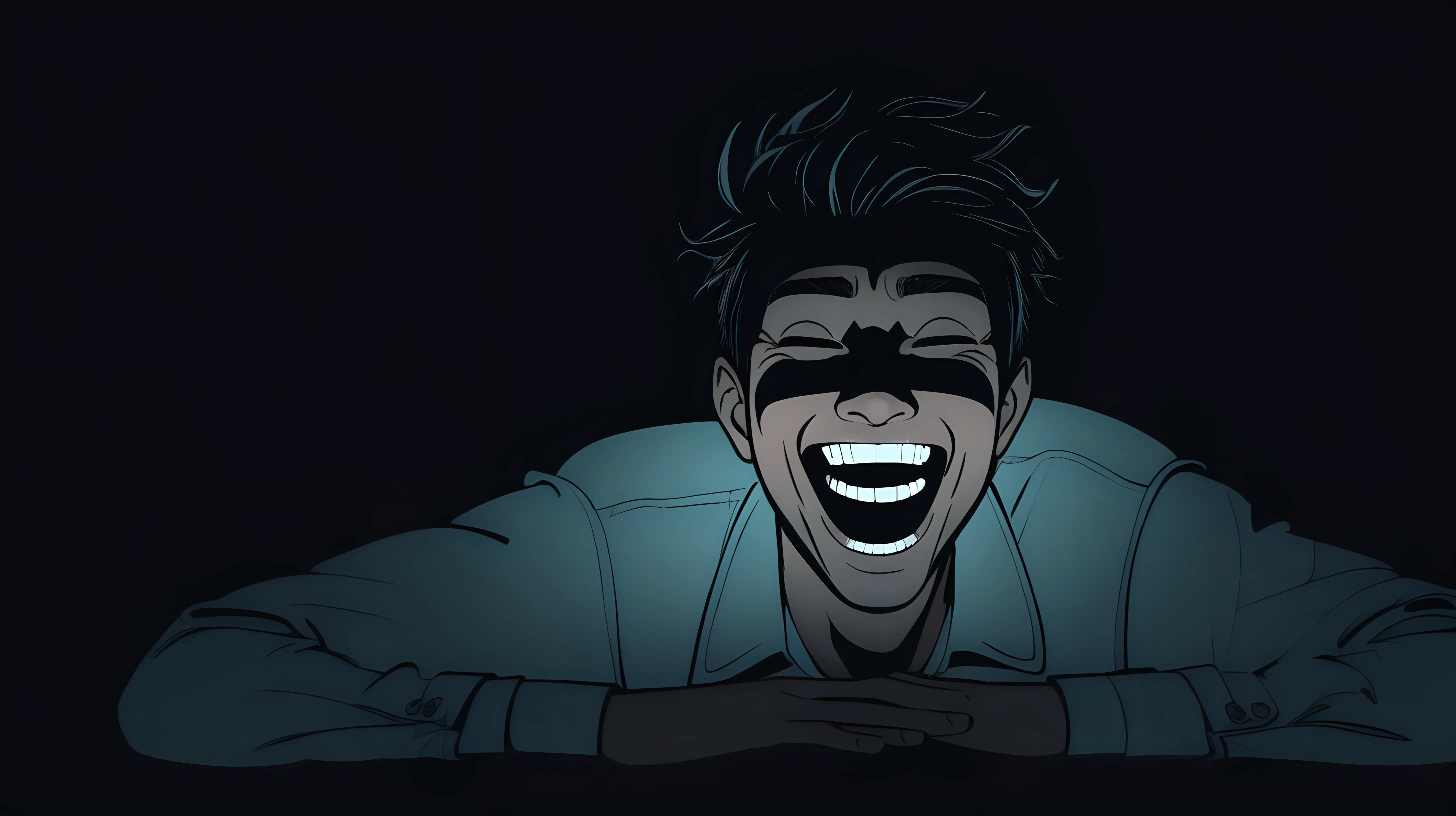 lying man crazily laugh  in darkness 