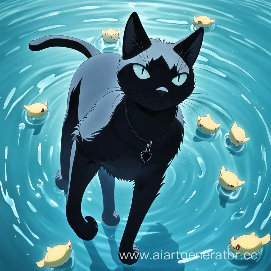 черный кот как в аниме плывет в голубой мутной воде с кувшинками