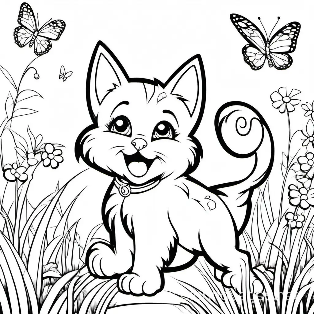 cute kitten and puppy chasing butterflies, Coloring Page, black and white, line art, white background, Simplicity, Ample White Space. The background of the coloring page is plain white to make it easy for young children to color within the lines. The outlines of all the subjects are easy to distinguish, making it simple for kids to color without too much difficulty