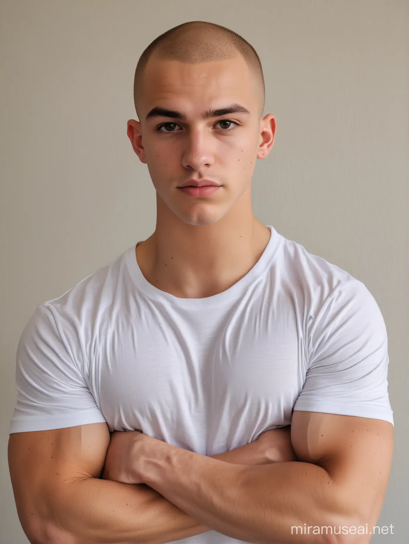 16 years old boy, dark eyes, big biceps,  muscular body, bald, common acne, pocmakrs, valleculae, white t-shirt