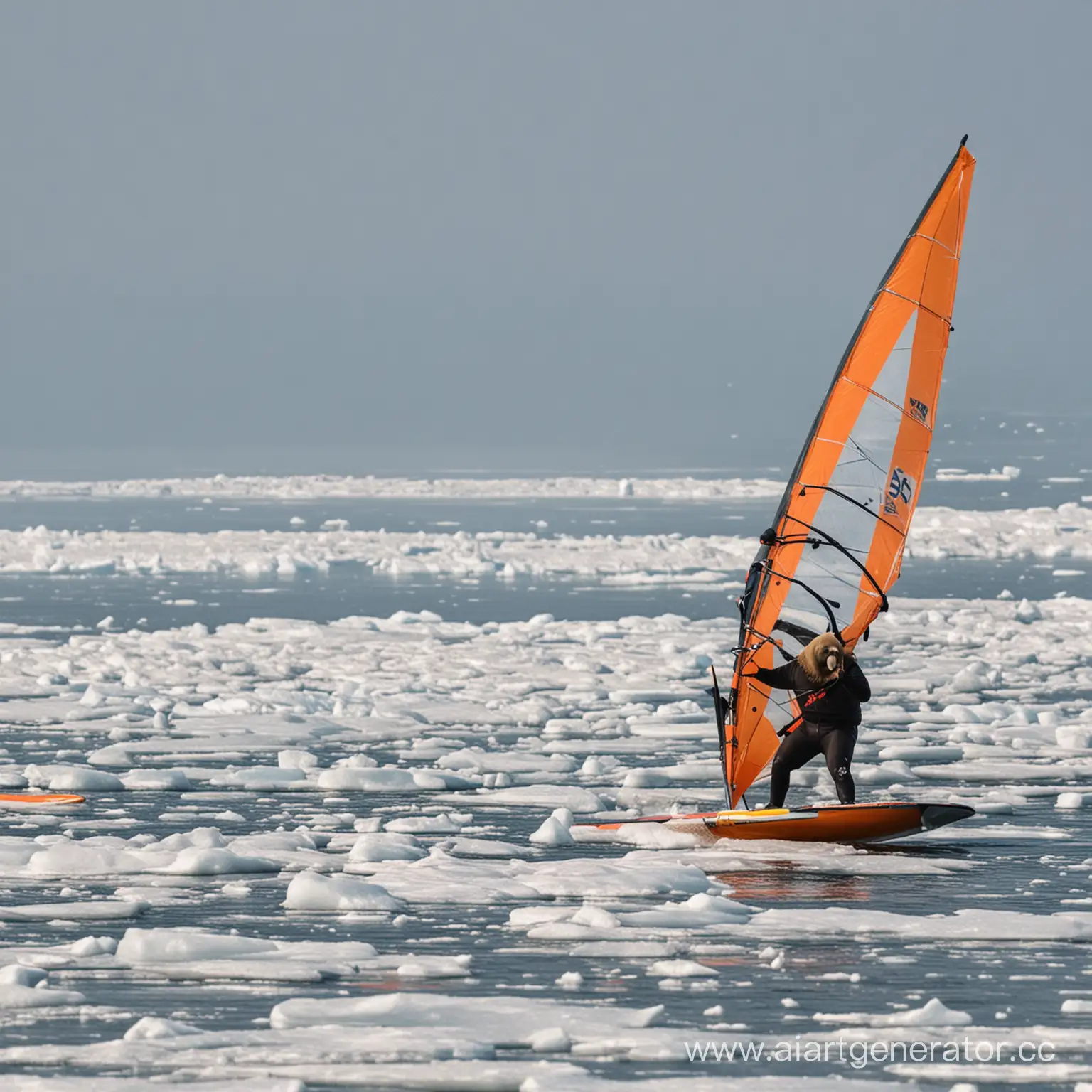 русский морж катающийся на виндсерфинге по морю между льдами
