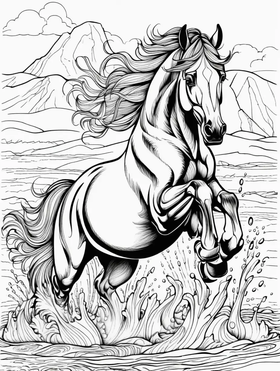 Detailed Coloring Page for Adults horse playing in water with low detail, Thick Lines and vivid color —s500