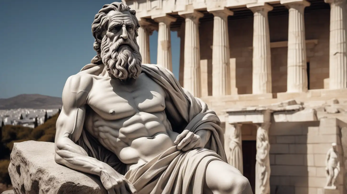 Generate an image featuring an elderly Greek man with muscular features and a long beard, resembling a statue. The statue should appear damaged, and the man is sitting on a rock amidst a classical setting, conveying a sense of resilience and the passage of time. Each image should be in different position and a cloth on on shoulder.