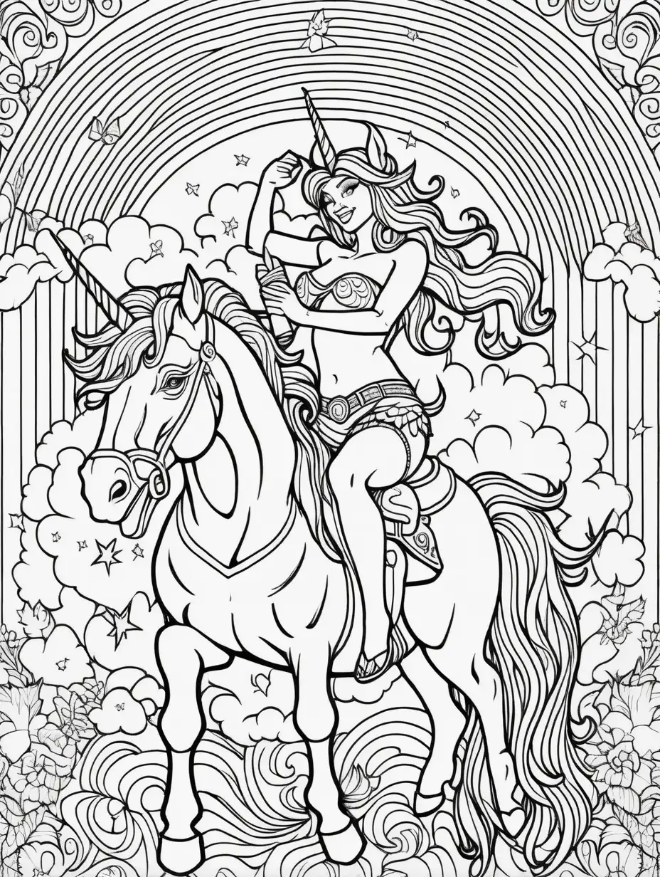 adult coloring page, mandala style, thin lines, high detail, a sexy leprechaun female and a shirtless tatooed buff male leprechaun at the end of a rainbow riding a unicorn
