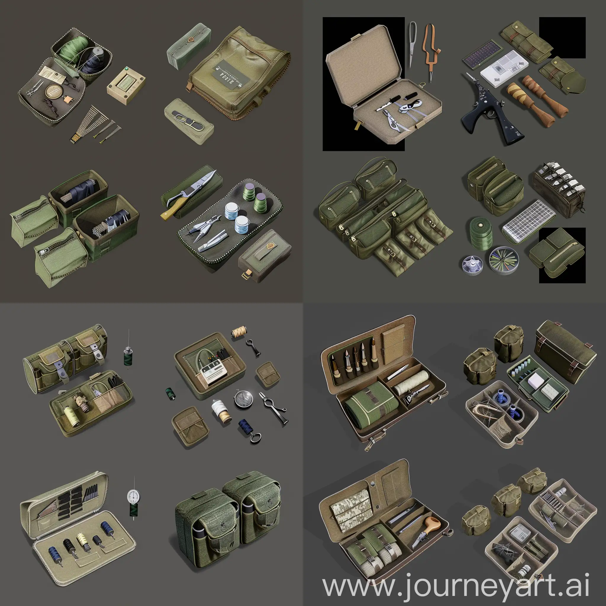 https://i.postimg.cc/13dDZqSL/image.png https://i.postimg.cc/XYksmDM1/image.png realistic photo of isometric set, old vintage military sewing kit stored in pouches, style of unreal engine 3d render, ultrarealistic style, isometric set, spritesheet --style raw --chaos 10 --iw 2