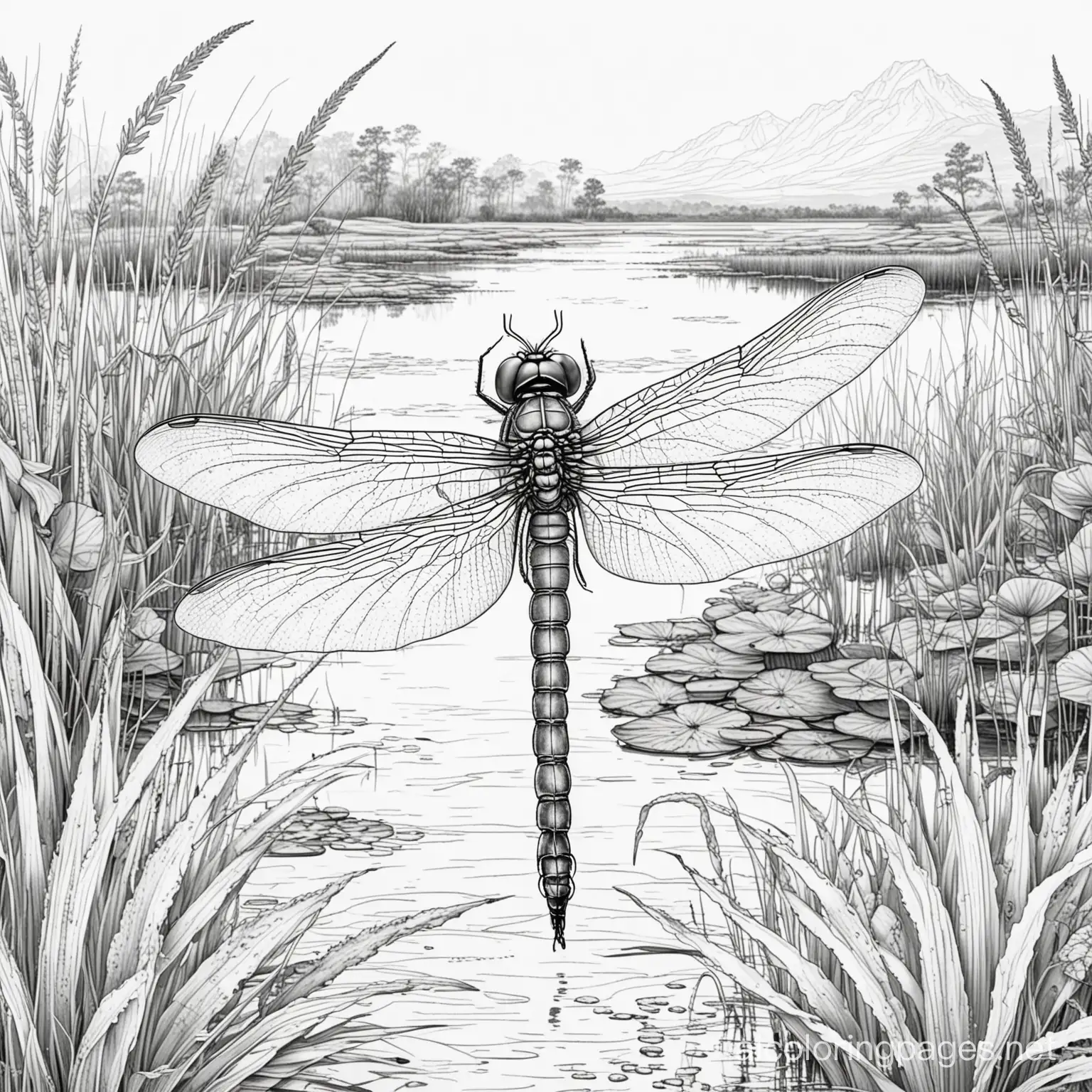 dragon fly in a marsh, fine lines, Coloring Page, black and white, line art, white background, Simplicity, Ample White Space. The background of the coloring page is plain white to make it easy for young children to color within the lines. The outlines of all the subjects are easy to distinguish, making it simple for kids to color without too much difficulty