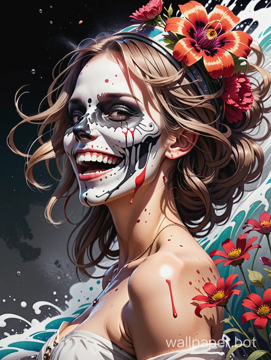 Assimetrical-Skull-Face-with-Wild-Flowers-and-Comic-Book-Aesthetic