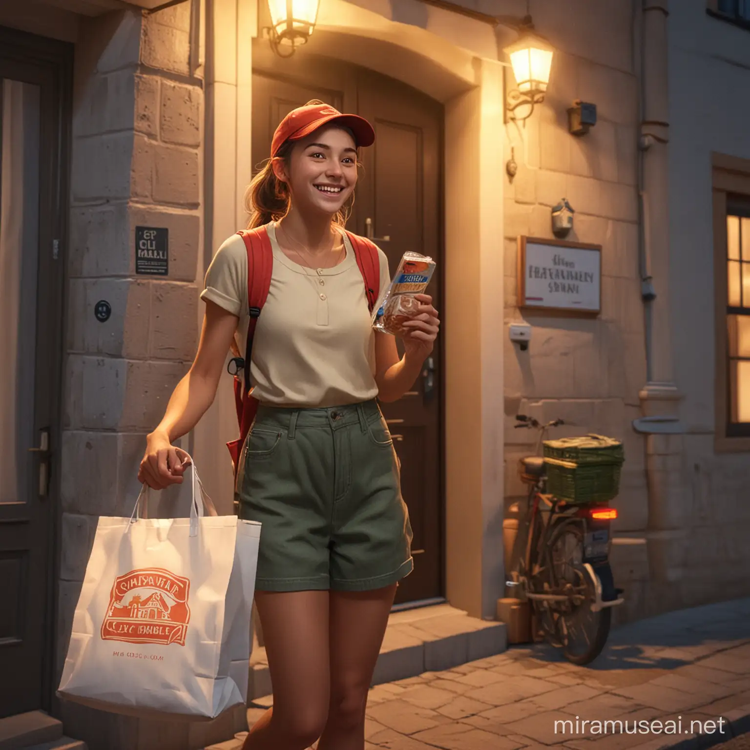 sim city in night. city lights. a girl(smiles, takeaway bag in her hand) is talking to a food delivery driver boy in front of her  house door  in Spain. sim city style.