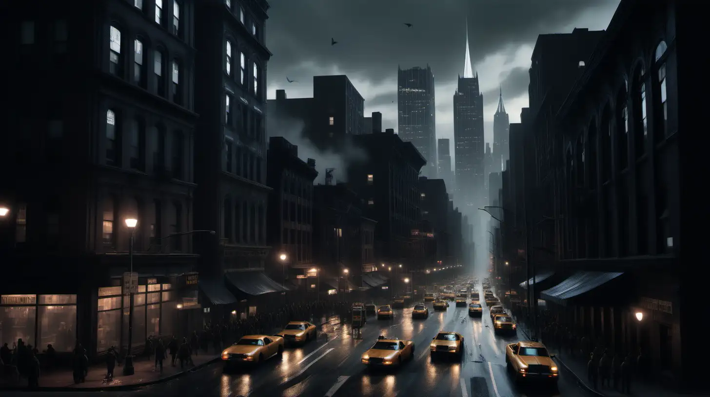 Gotham City Tense Urban Scene Cinematic Cityscape with Dimly Lit Streets