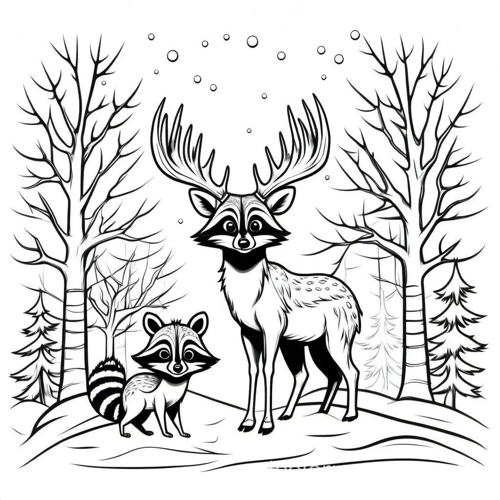 maine deer antler with raccoon in winter, Coloring Page, black and white, line art, white background, Simplicity, Ample White Space. The background of the coloring page is plain white to make it easy for young children to color within the lines. The outlines of all the subjects are easy to distinguish, making it simple for kids to color without too much difficulty