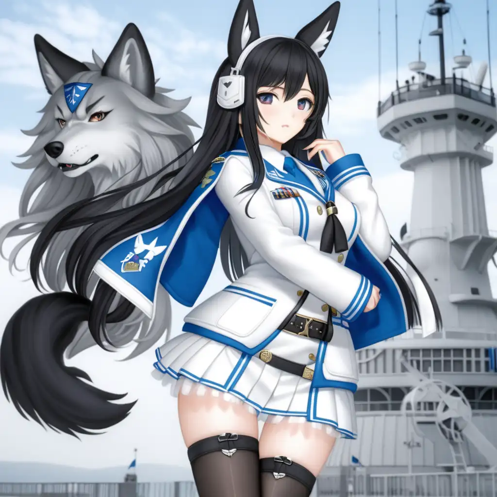 Needlefelt, Atago (azur lane), black hair white military dress jacket l, white mini skirt, black stockings, white high heels, wolf ears, wolf tail