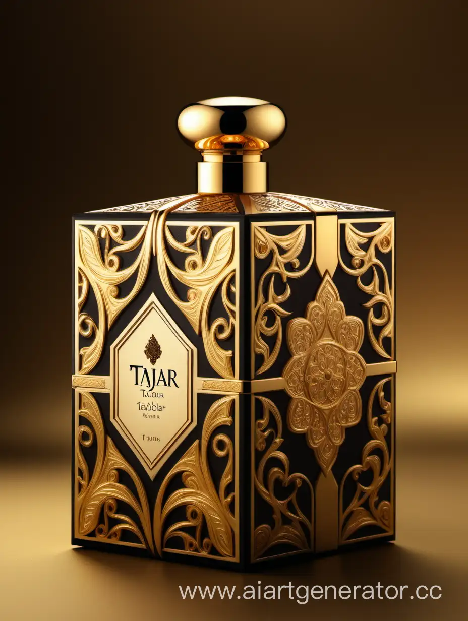 Box package design of perfume TAJDAR product, elegant, trending on artstation,   sharp focus,   studio photo,   intricate details,   highly detailed,   gold, Royal black and beige color on gold background