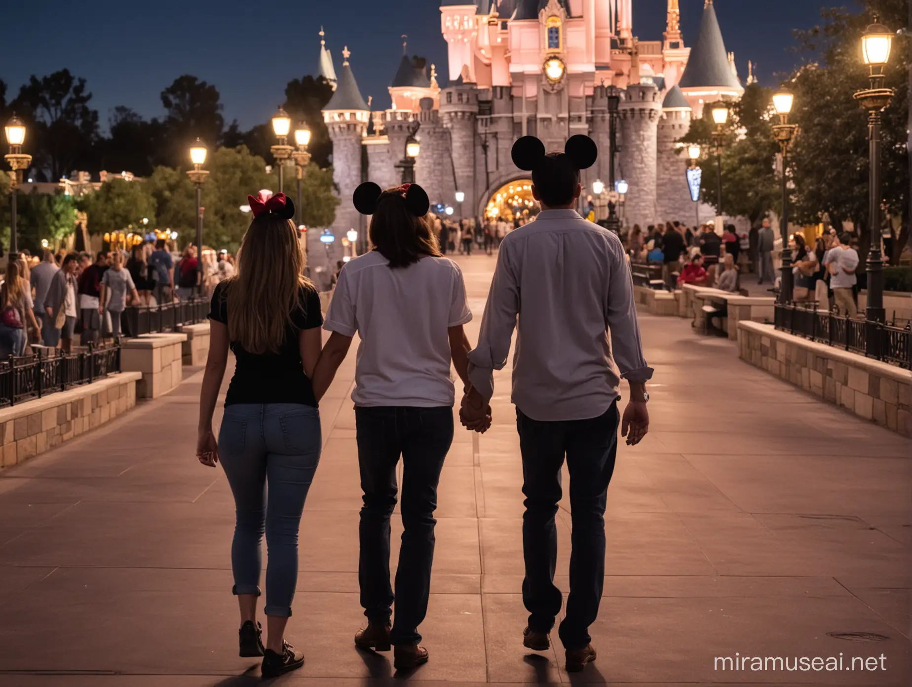 A man and woman holding hands, walking away from the camera, wearing mickey ears at disneyland