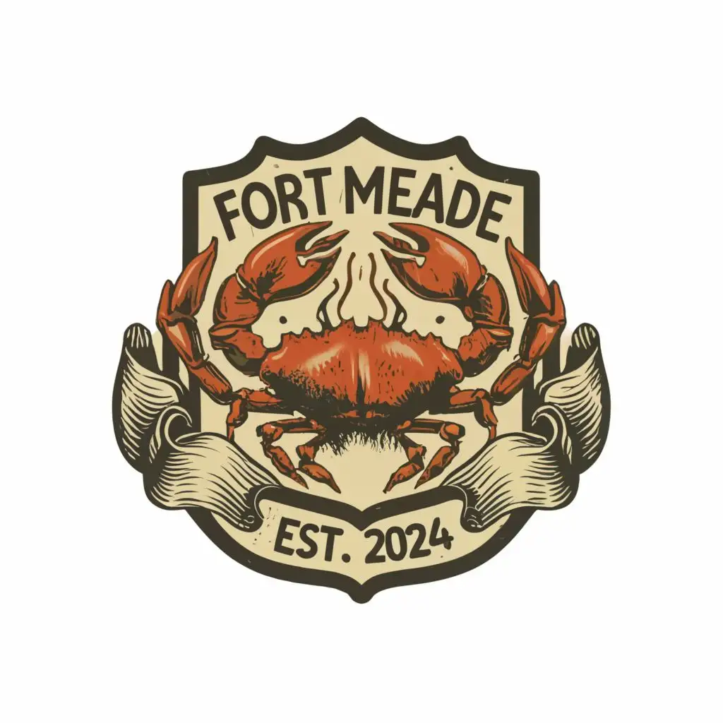 "text "Fort Meade Seafood" logo, classic historic vintage shield, crab, ribbon ,Text "Est.2024",  natural outline, with the text "Fort Meade Seafood", typography, be used in Restaurant industry"