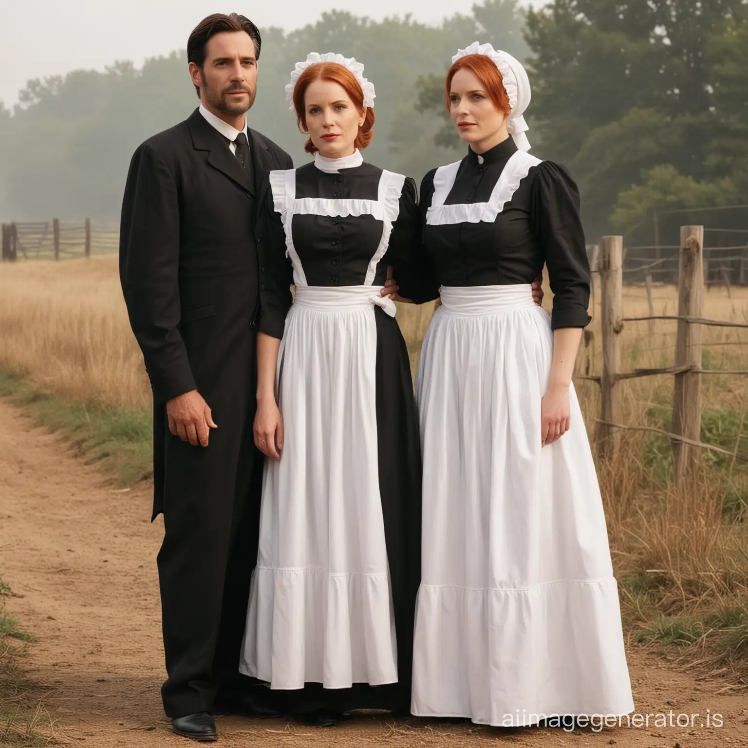 an old amish preacher standing with  dana scully wearing a billowing black floor-length amish dress with a white apron cinched around her slender waist , her red hair styled into a tight bun hiden under a white bonnet .