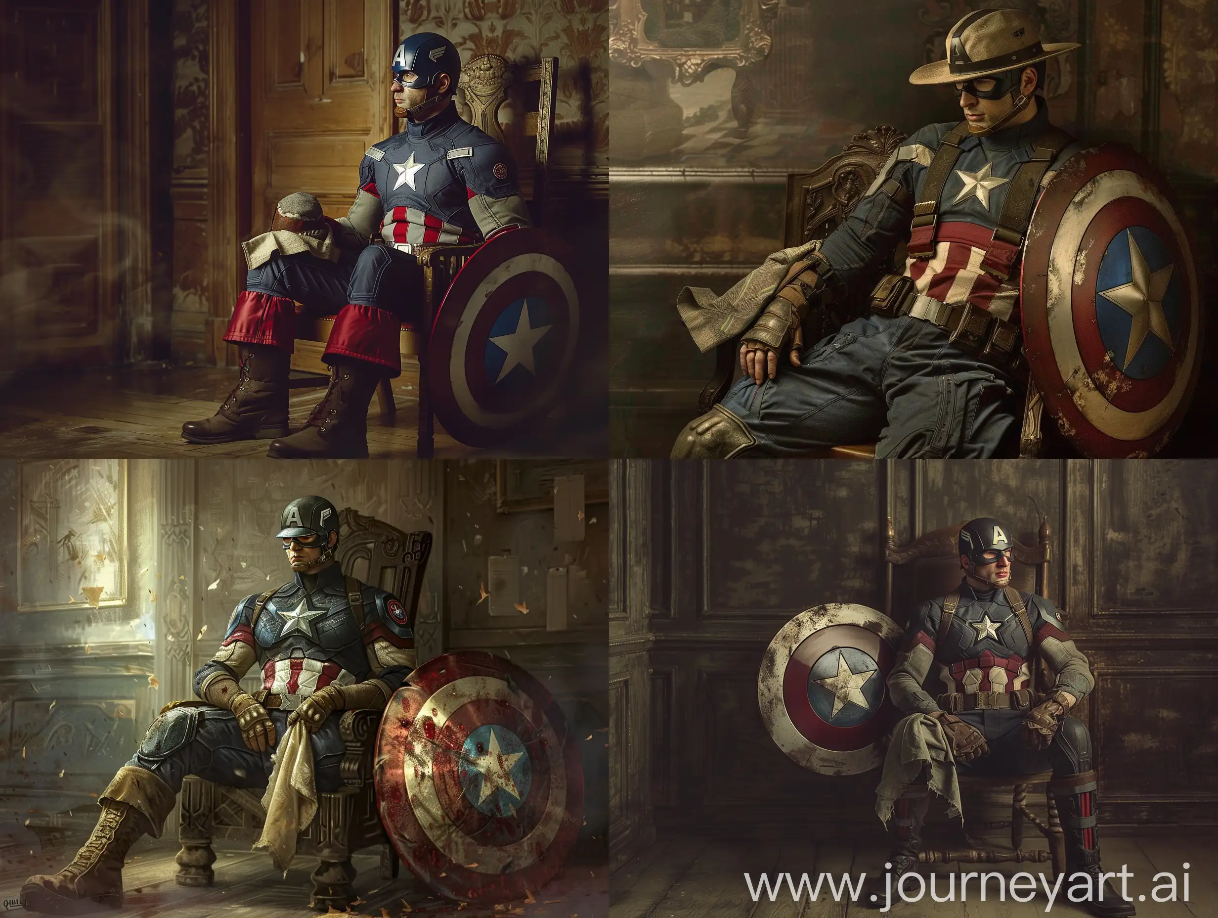 Captain America is a Marvel character, America is wearing a 80s military uniform, Captain America is wearing his Camelot hat, Captain America is like a crusader, Captain America is wearing a 15th century castle type shield, Captain America is wearing an old handkerchief He has right hand, the shield on his left leg is Captain America, hold the old handkerchief near the shield, Captain America is sitting on a wooden chair in Camelot Palace, the lighting is classic style, it is Witcher style, Captain America's face is neither happy nor sad Excellent quality, very clear. , very real, q2.