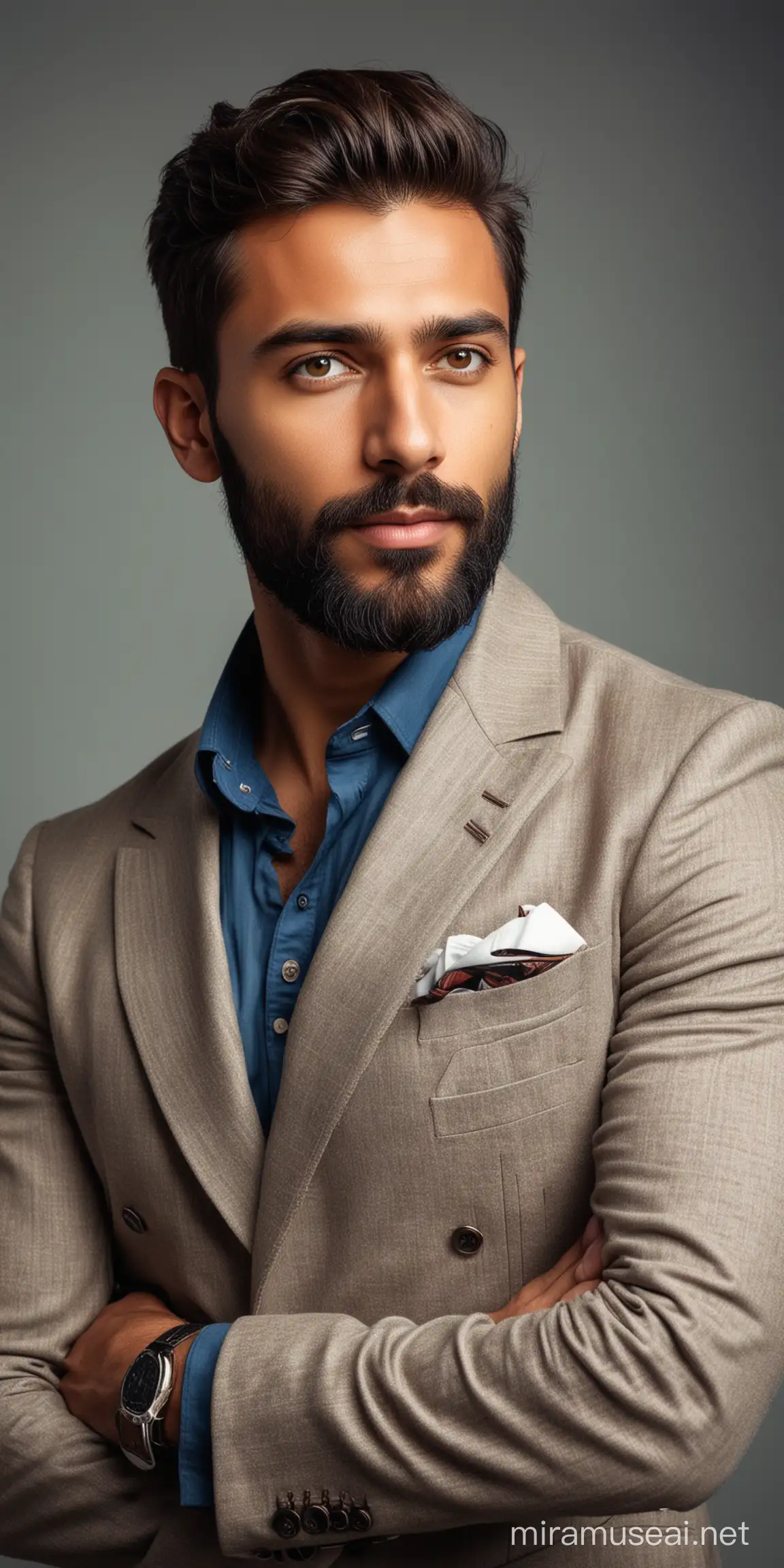 full body portrait of most handsome european man with indian features, elegant and arrogant looks, alfa male, fashionable beard, looking side over shoulders.