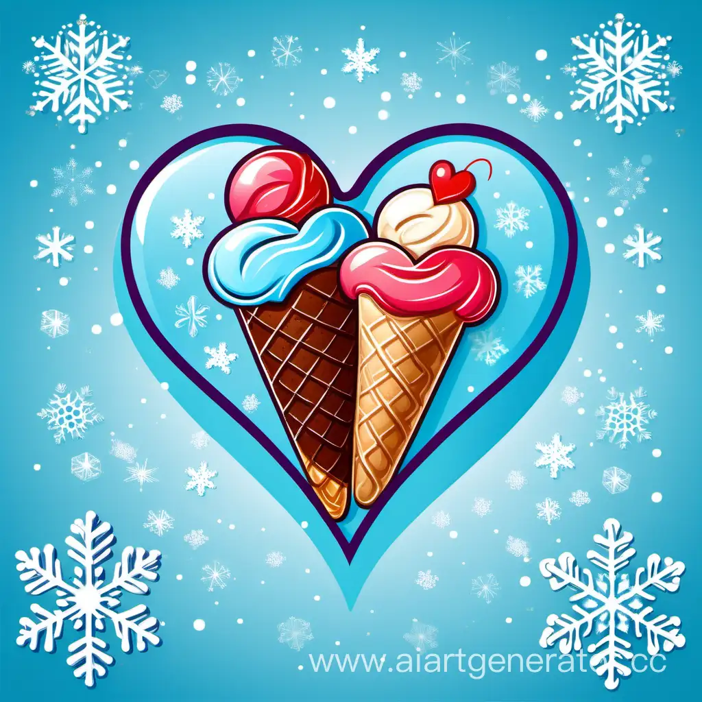 нарисуй иконку мороженого в форме сердца двух влюбленных, на чистом синем фона, а вокруг снежинки