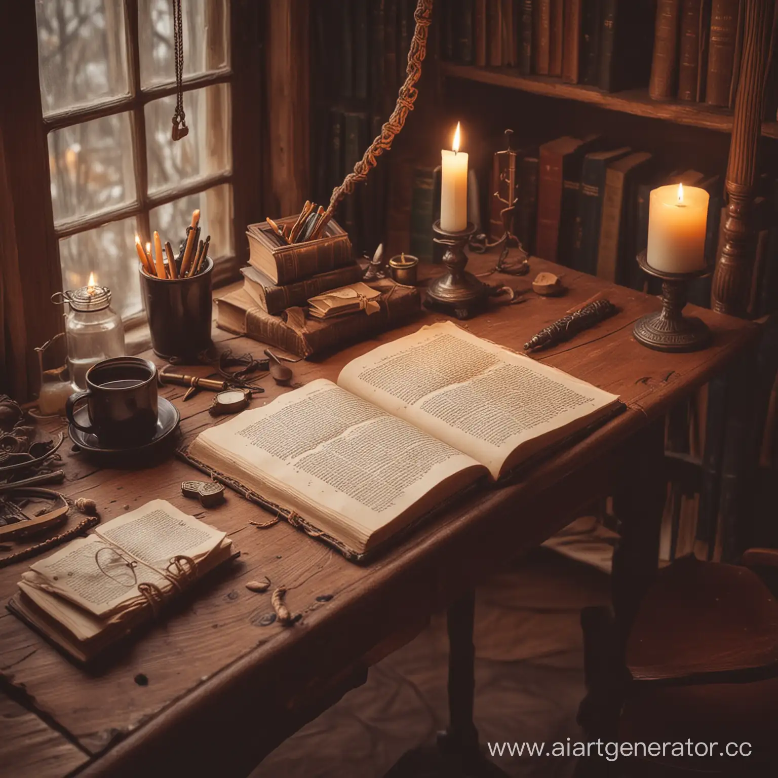 уютная комната писателя, на столе лежат книги, свиток на котором он писал свисает со стола