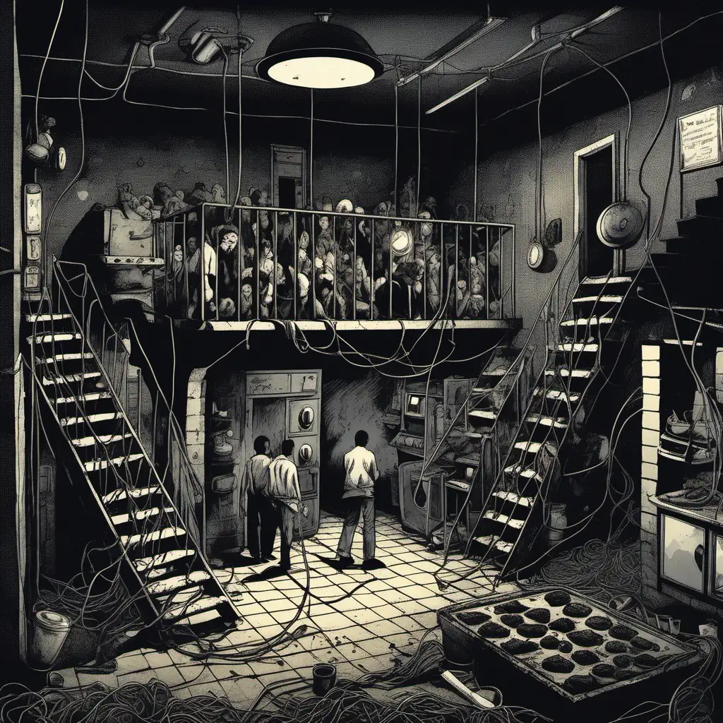  a dark room with a hot oven, stairs going down to the lower floor. The place is full of angry people. The room is big, there are sharp objects on the floor and surfaces, electric wires are hanging out of the wall.