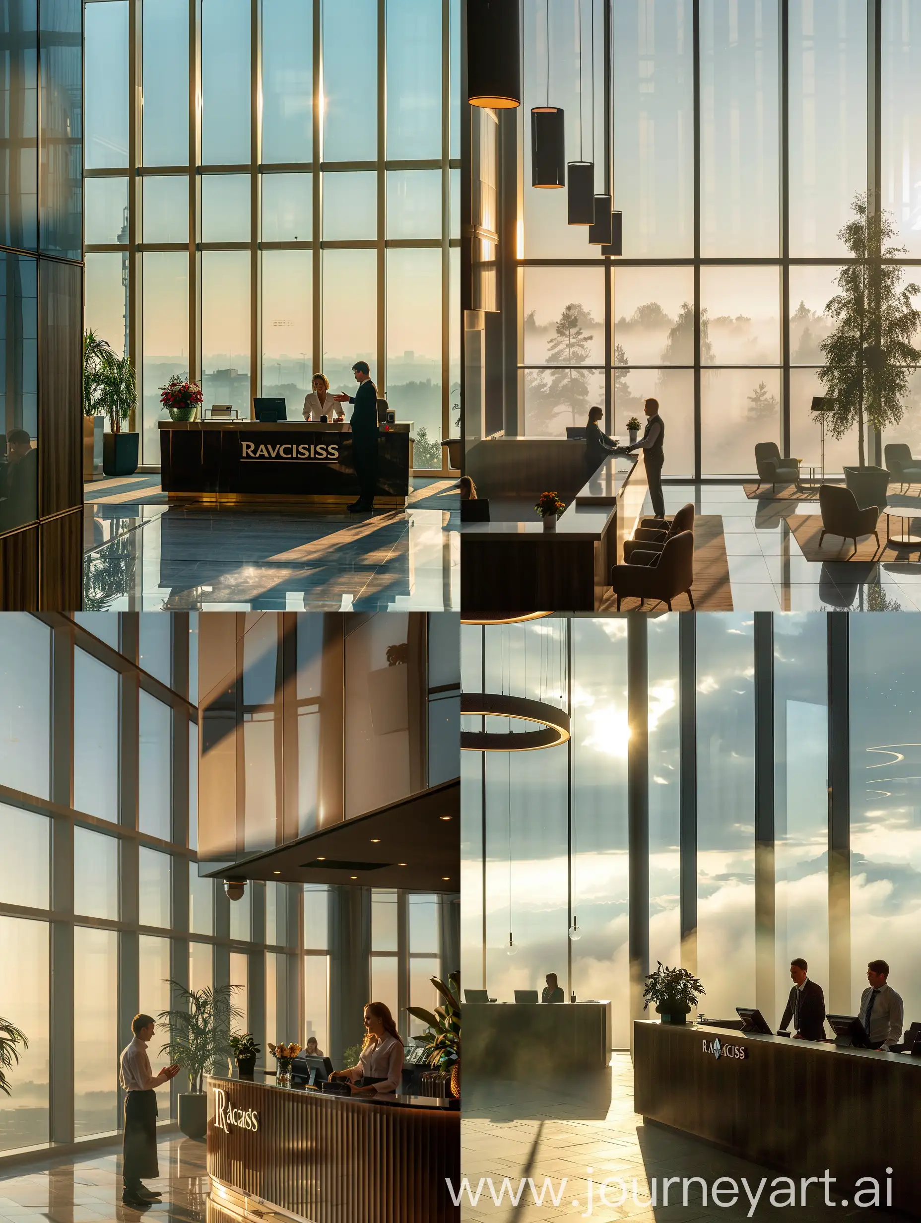 inside Radisson hotel in Russia, 40th floor, with amazing view, scandic interier, reception desk, reception administrator welcoming a guest, big windows, summer haze outside