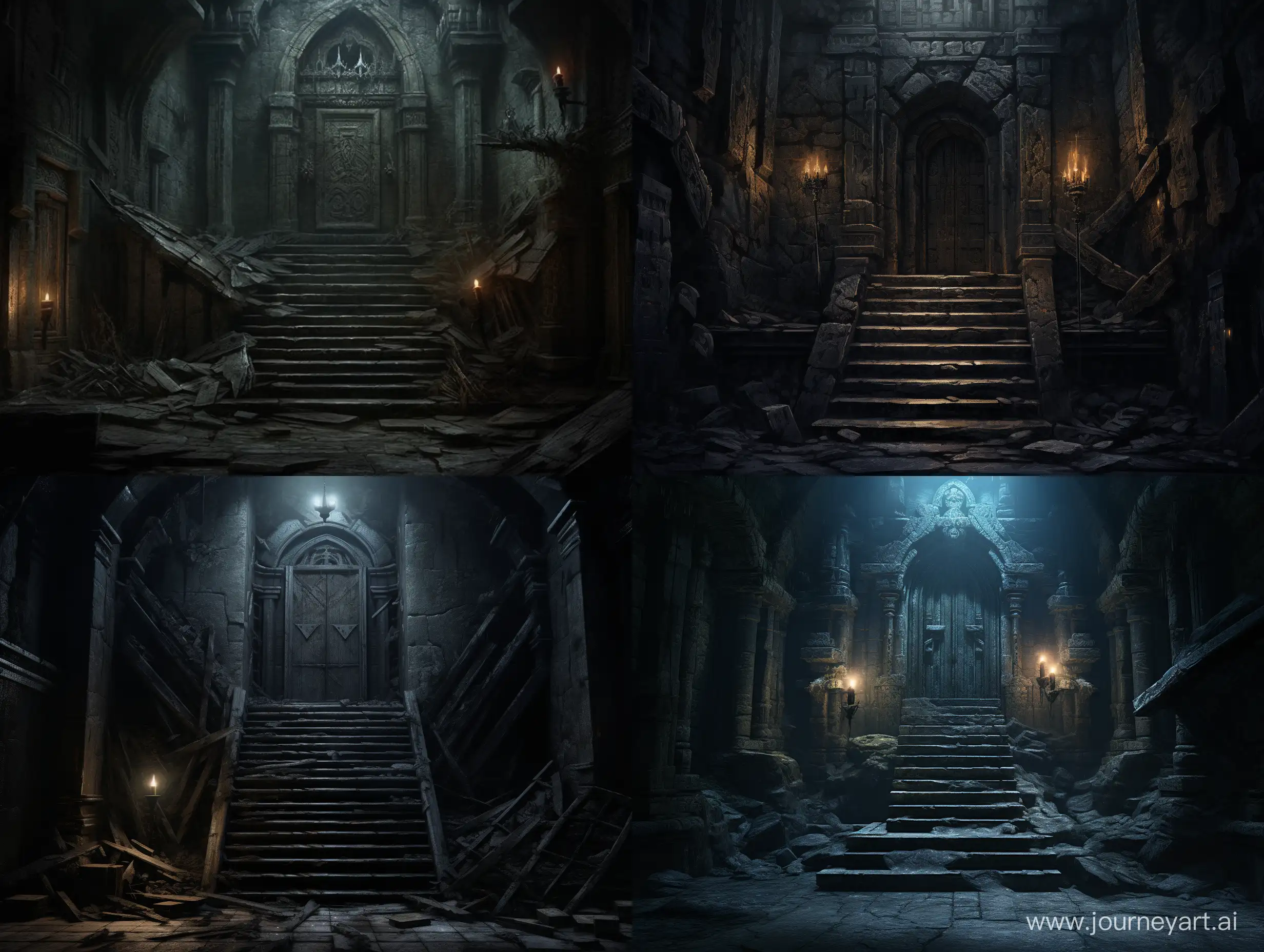 Illustration like fairytale of the opening ancient wooden door and  a set of stone stairs leading downward into darkness. The only light comes from a faint glow at the bottom, creating an eerie and intriguing atmosphere. 