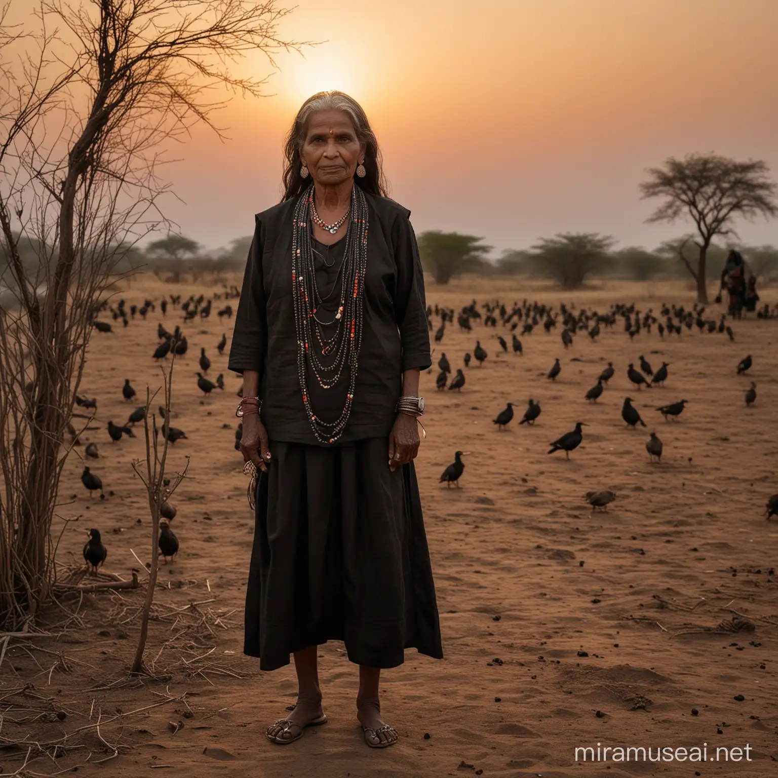   90 years  very old   dark aged skin tribel rabari  gujarat women india in black clothing   and jewerelly    standing  in landschape with dead threes and some birds by late sunset   light full wide  total body foto realistisch detailted fuji xt3  