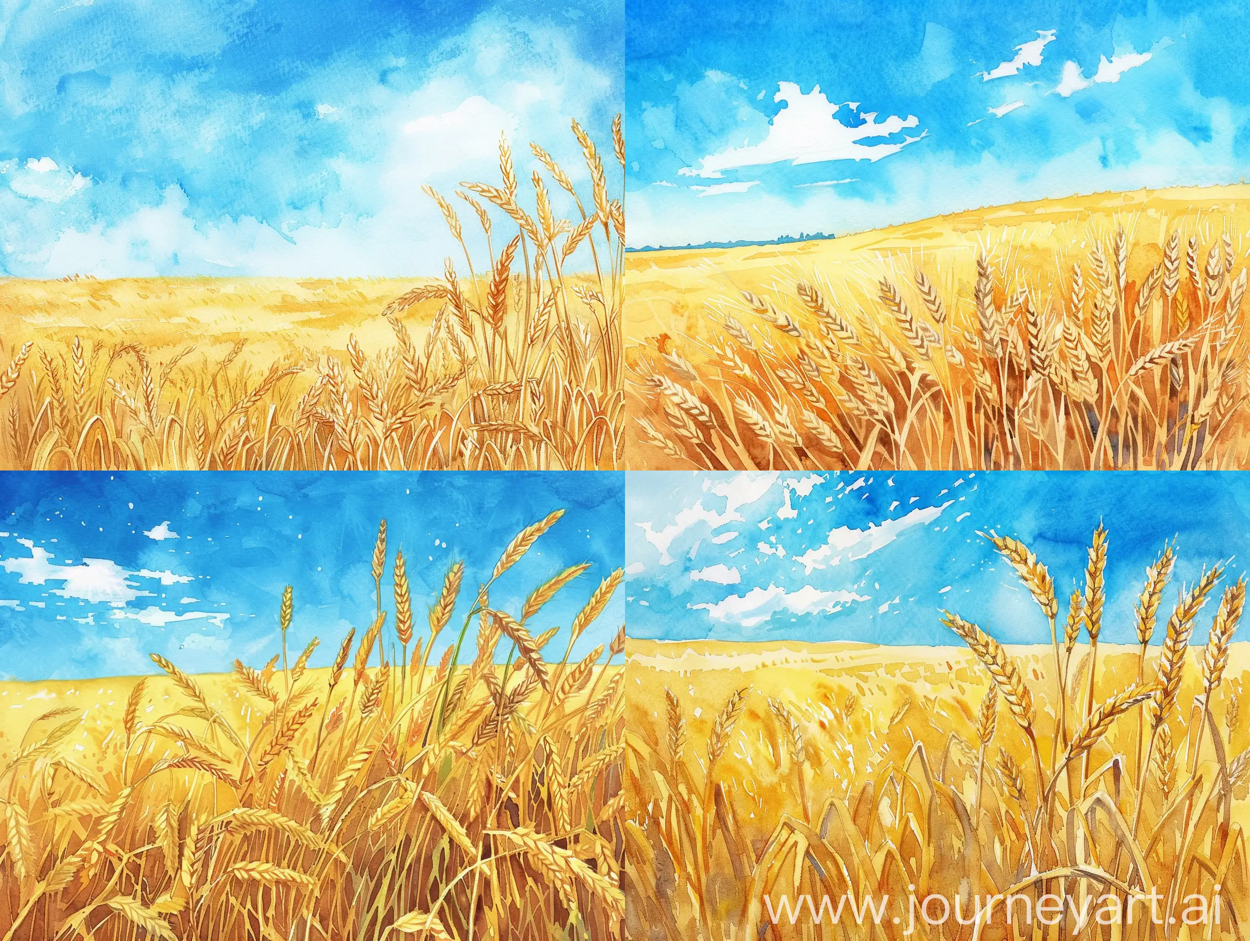a golden field of wheat waving in the summer breeze, with a bright blue sky and a few clouds dotting the horizon. Style: Watercolor 