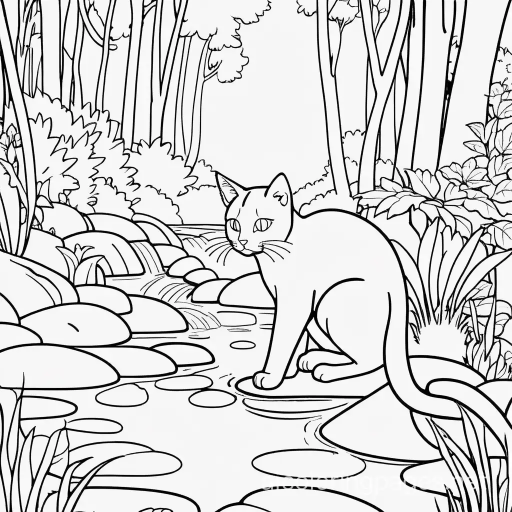 Cat in a forest peering down into a stream watching the fish, Coloring Page, black and white, line art, white background, Simplicity, Ample White Space. The background of the coloring page is plain white to make it easy for young children to color within the lines. The outlines of all the subjects are easy to distinguish, making it simple for kids to color without too much difficulty