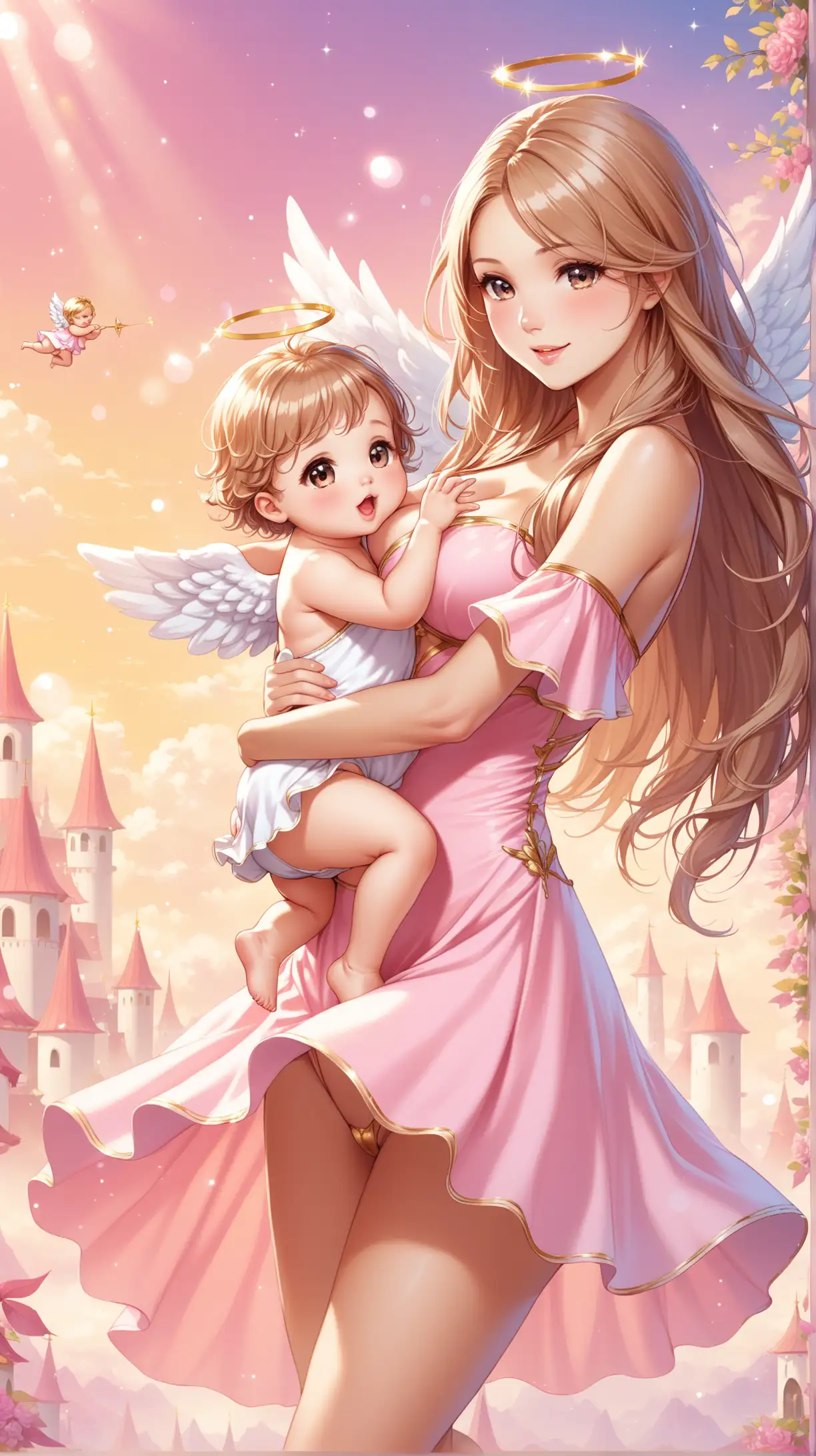 Sexy women  playing with little cupid, angel costume, playful, light brown long hair, pink short sexy dress, fantastic background .
