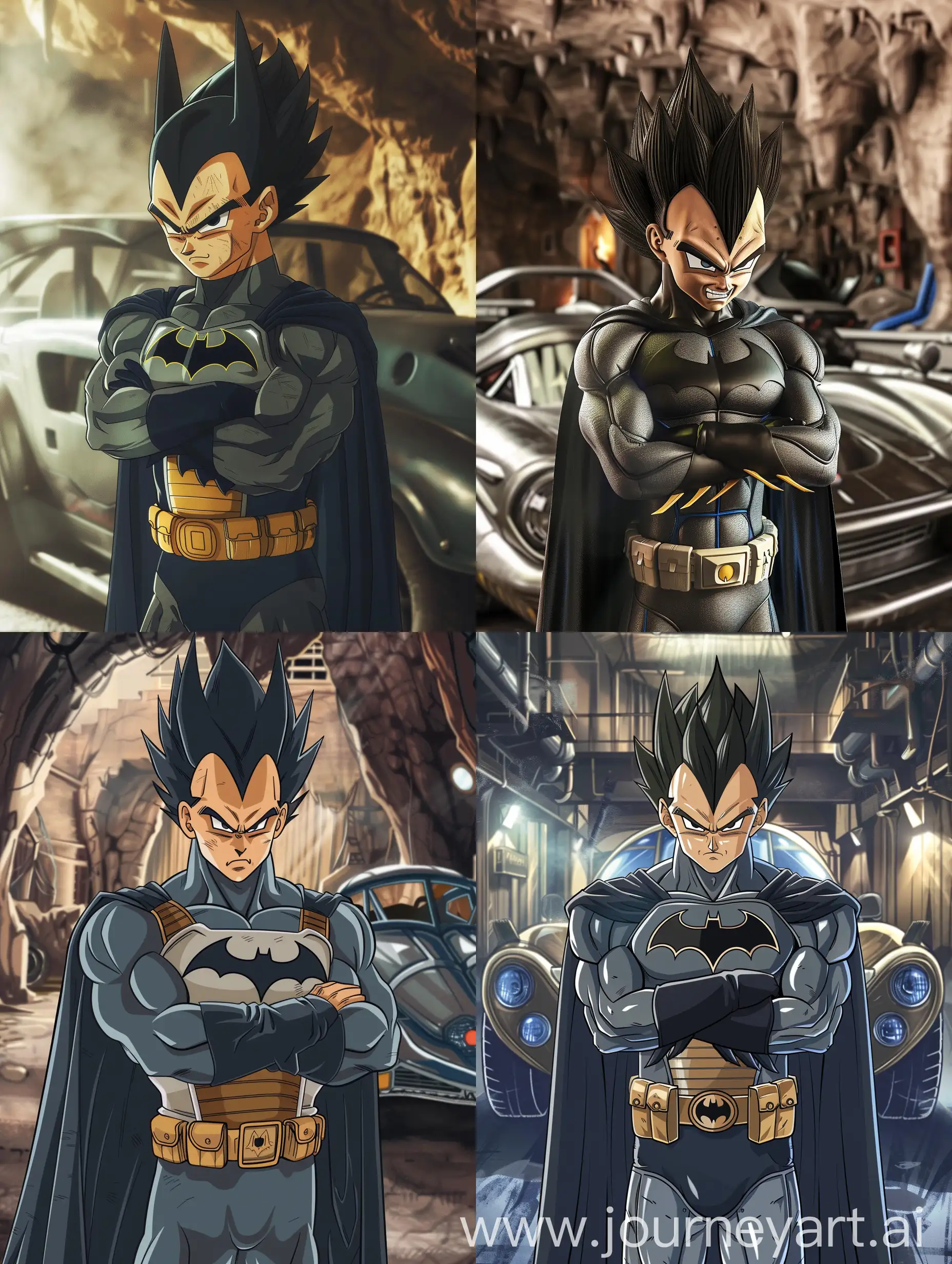 Vegeta from Dragonball wearing the Batman Suit, arms crossed, angry look in the style of the anime, standing in front of the batmobile in the batcave