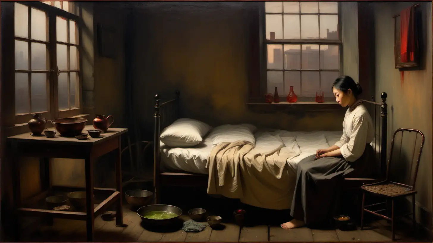 Victorian oil painting, poor Limehouse interior, iron bedstead, portrait in the foreground is a melancholy young adult chinese girl sitting on the bed, and washing her feet in a bowl, low angle, red-tined dim light, small windows, social realism style, narrative painting