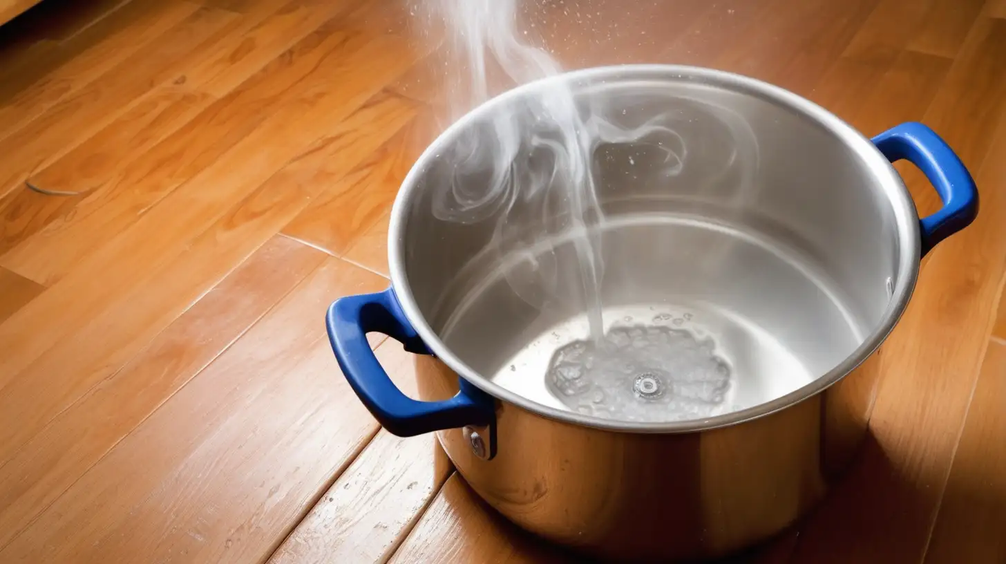 boiling water on pot on wood wood floor. clearer and brighter.