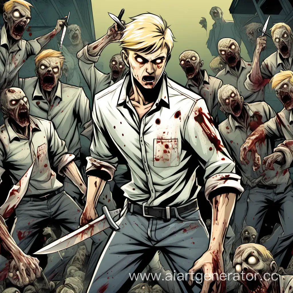 The guy is blond with short hair, clean-shaven, in trousers and a shirt with rolled-up sleeves and with a knife. Fighting zombies