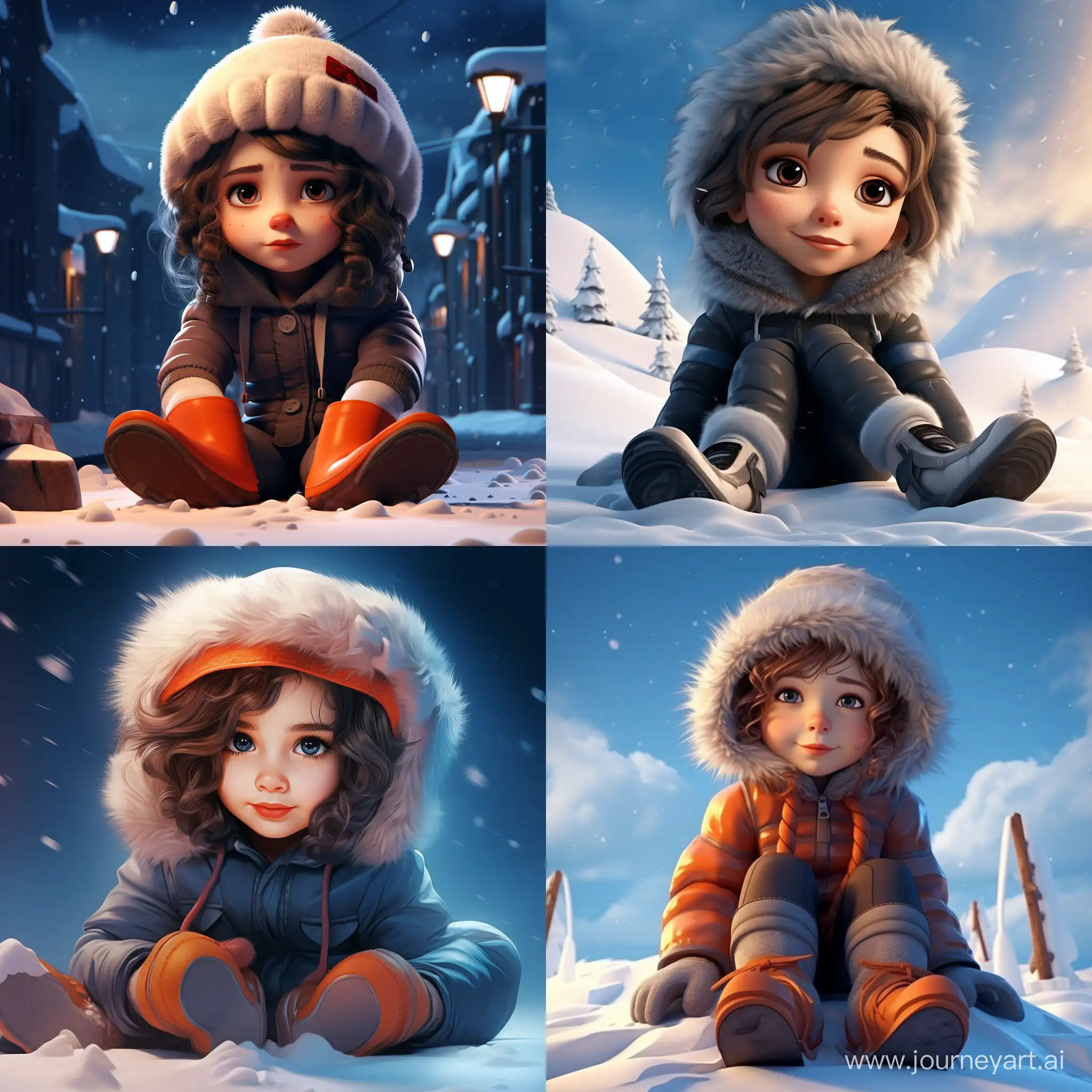 Adorable-Little-Girl-Sitting-in-Snow-Hyperrealistic-Pop-Style-Cartoon-by-Dima-Dmitriev