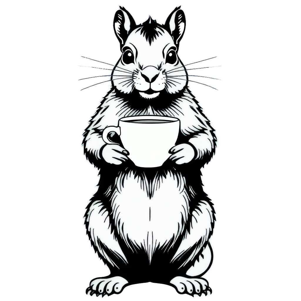 HighQuality-PNG-Illustration-FrontFacing-Line-Art-Drawing-of-a-Giant-Squirrel-Holding-a-Coffee-Cup