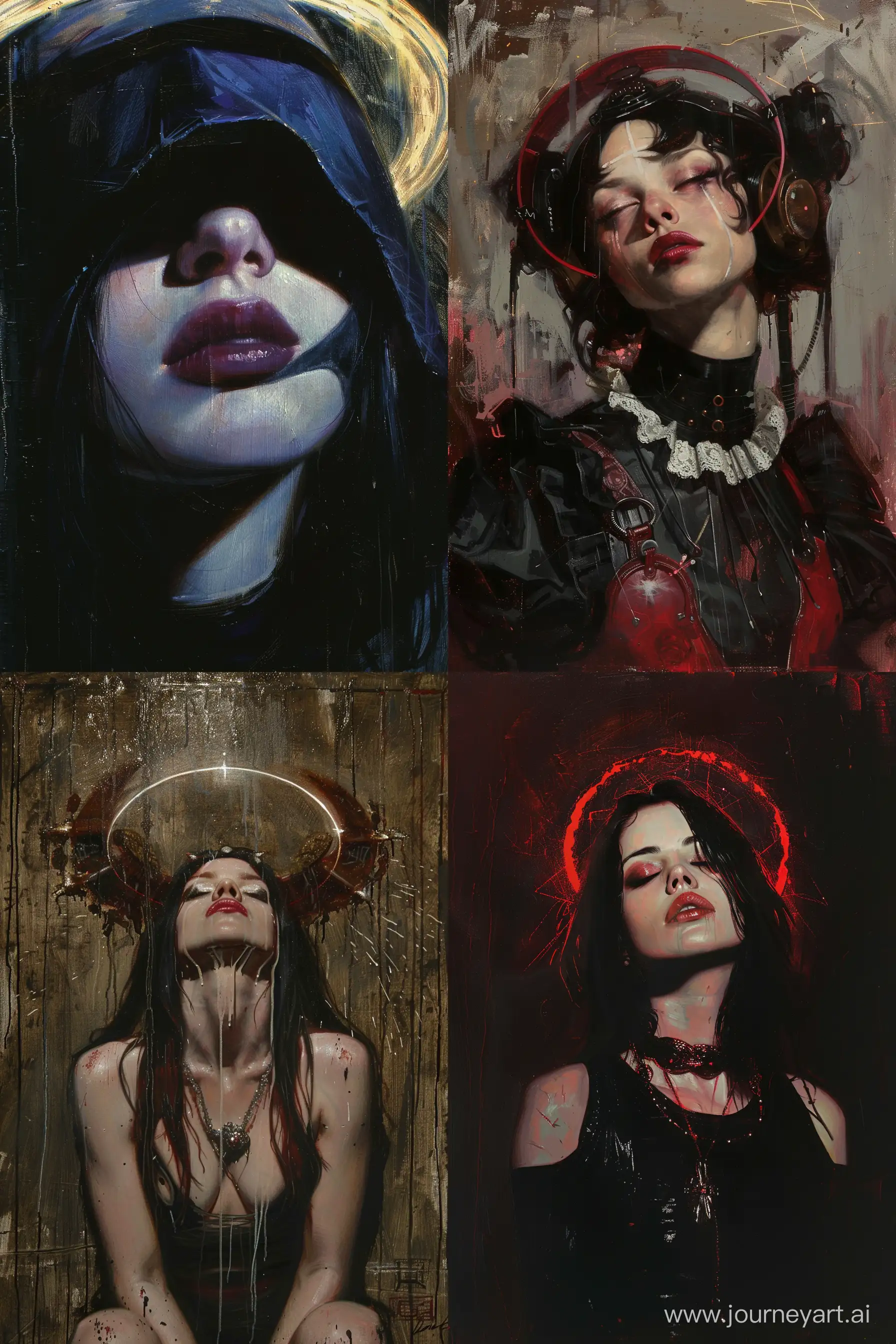 atavism of occult magic, female morphology, halo, cyberpunk, oil painting by daniel sprick and roberto ferri --ar 2:3 --style raw --v 6
