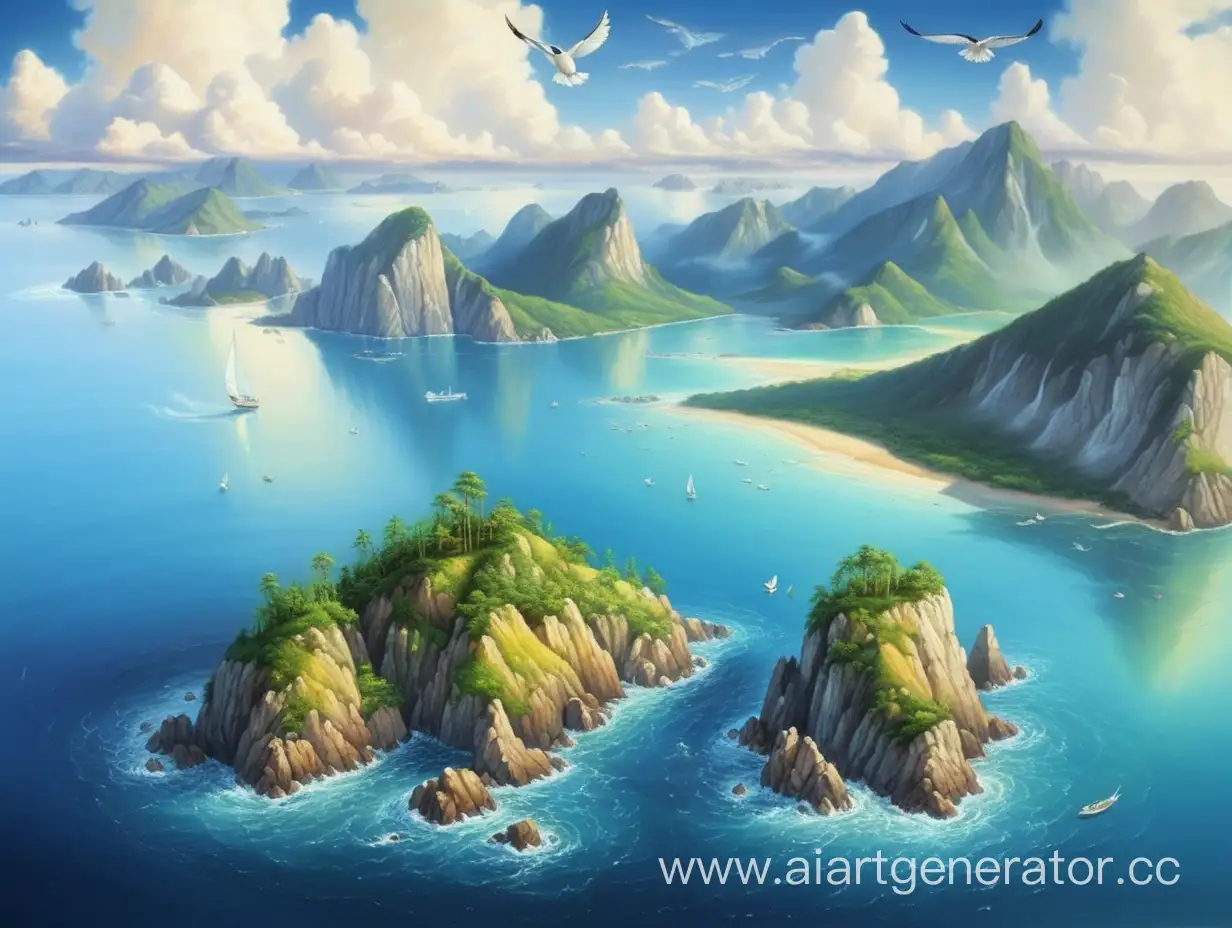 картина природа с высоты птичьего полета, где есть, остров, море, горы, небо, облака, берег, деревья