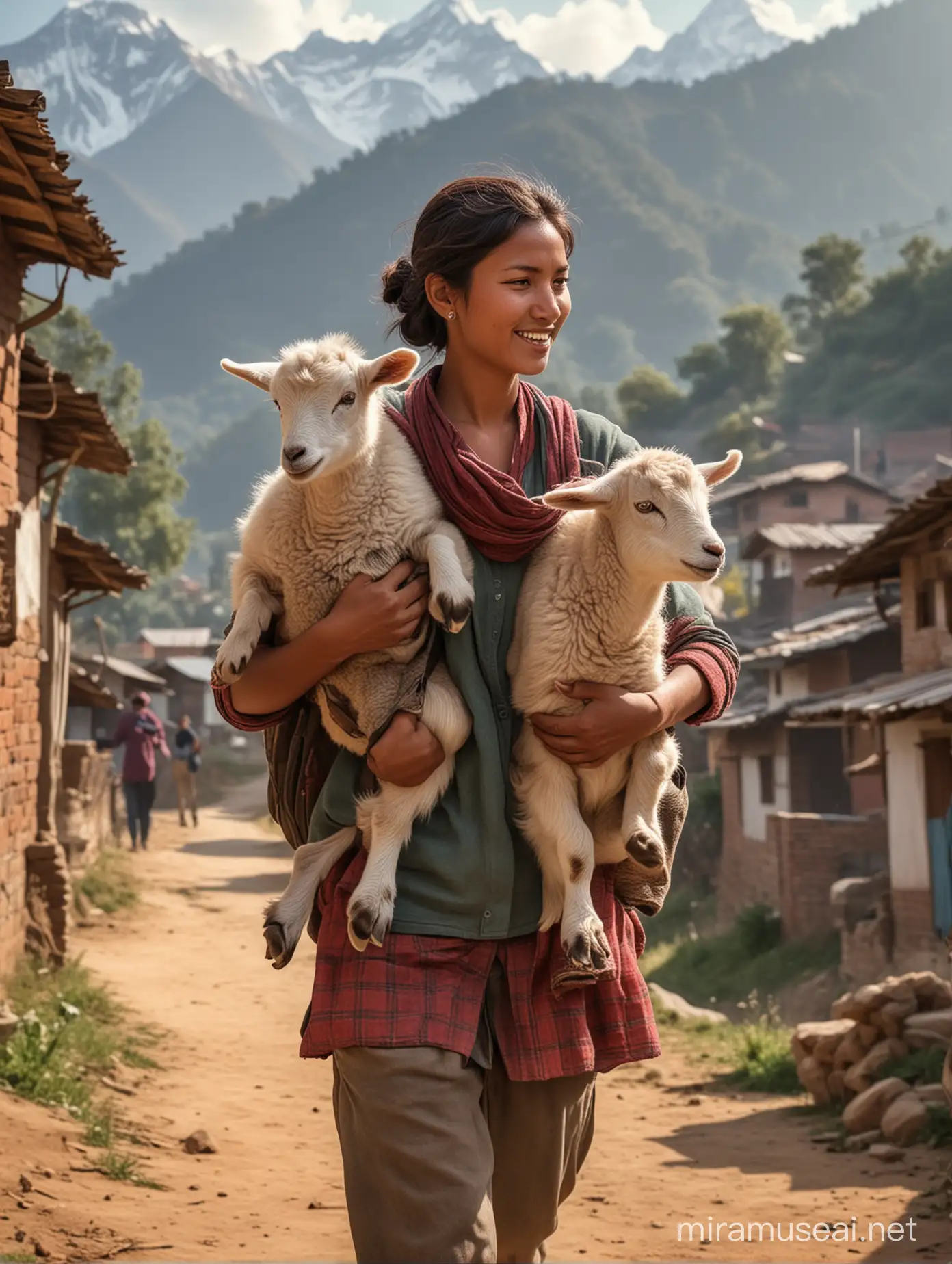 Create Photorealistic image of  very beautiful Nepali young mountain village couple carrying baby goat on their shoulder and radio in Nepal village, nearby small lamb are playing near by home
