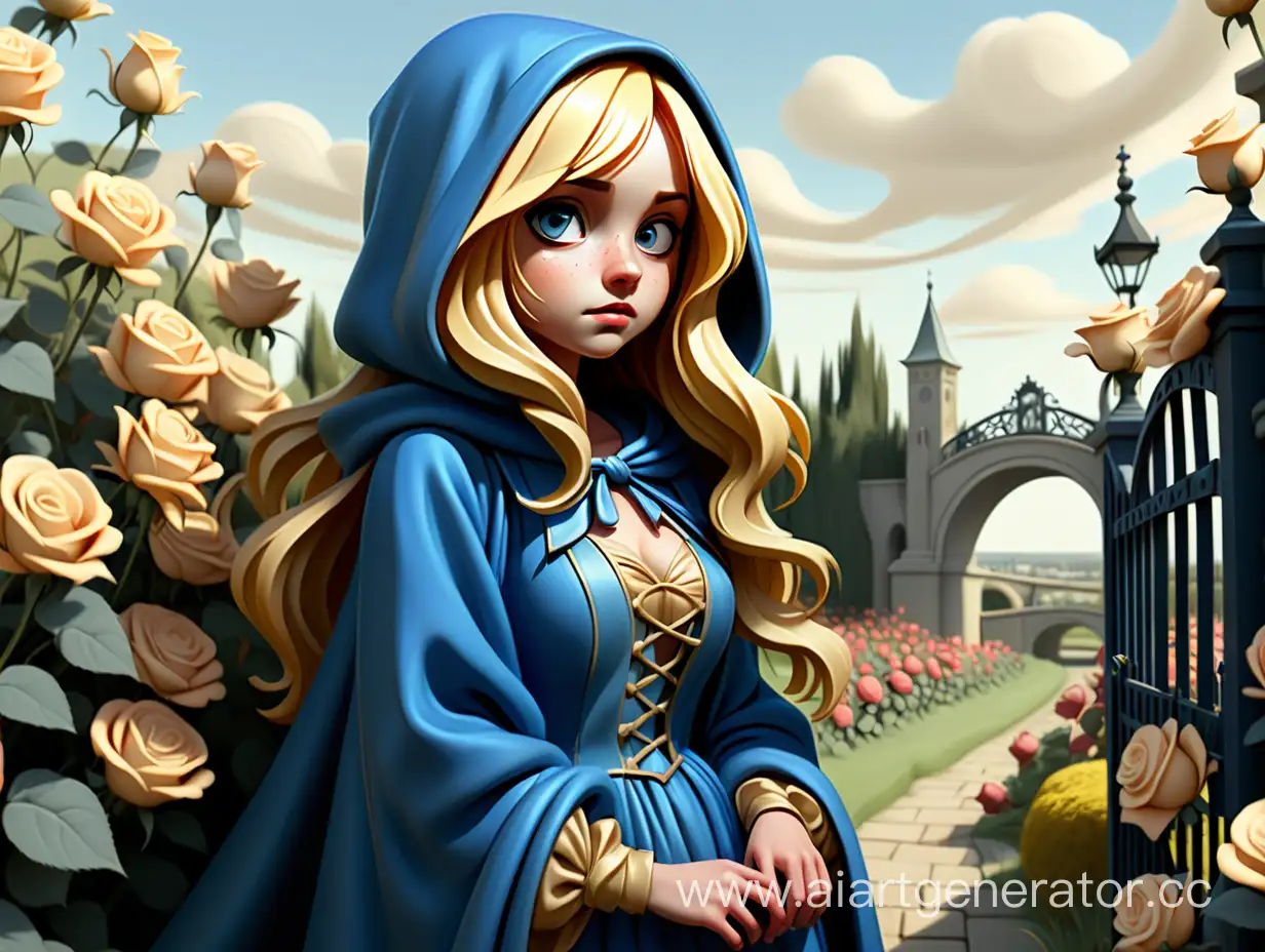 девушка с золотыми волосами и голубым платьем  с голубой накидкой с капюшоном стоит в цветочном поле роз  и воротами и мостом 