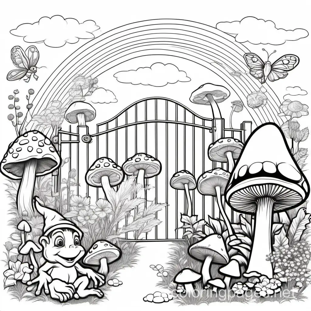 a magical garden with gnomes, frogs, mushrooms and a gate underneath a sunny sky with a rainbow, Coloring Page, black and white, line art, white background, Simplicity, Ample White Space. The background of the coloring page is plain white to make it easy for young children to color within the lines. The outlines of all the subjects are easy to distinguish, making it simple for kids to color without too much difficulty