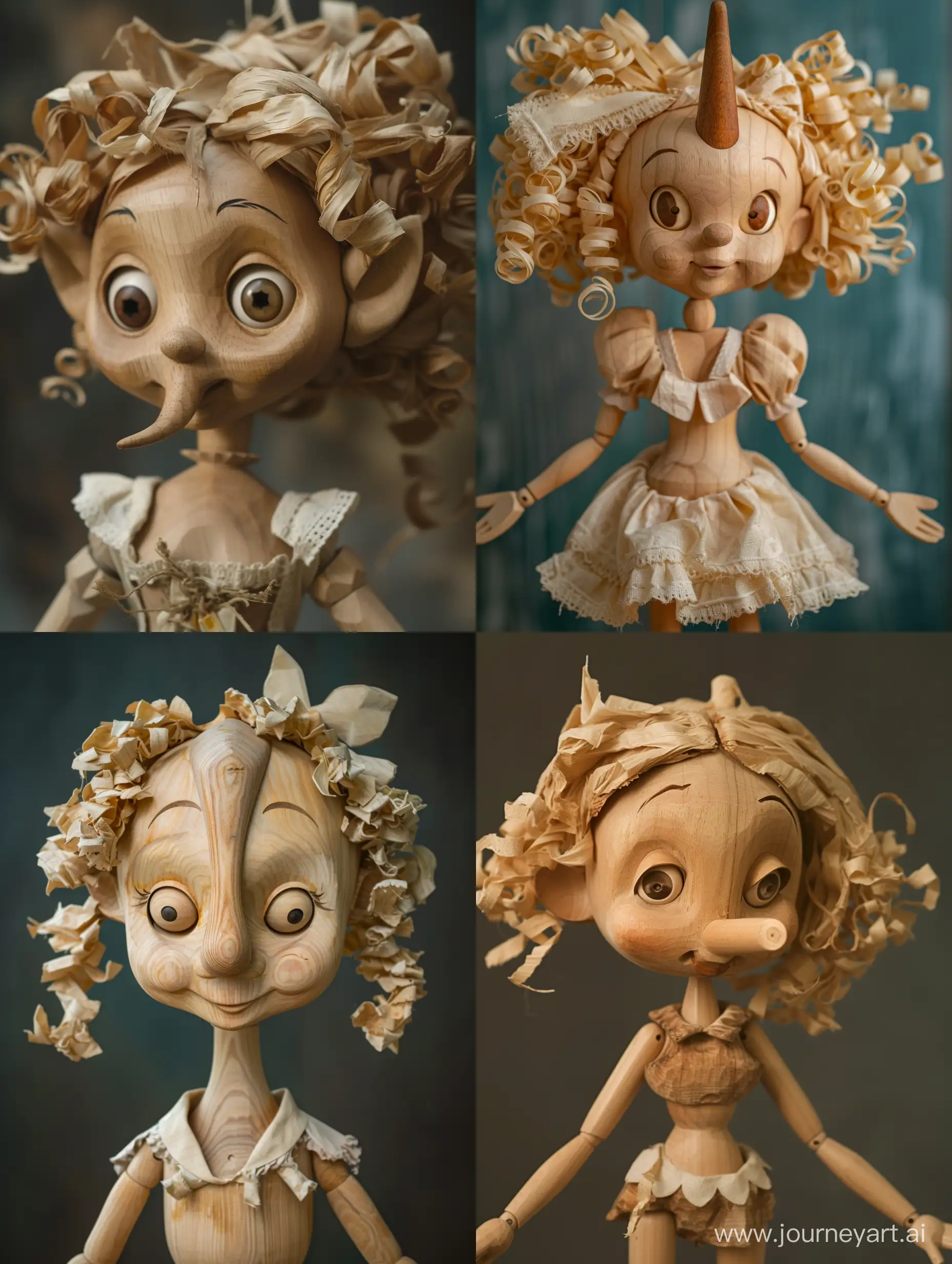 You are a skilled woodworker or craftsman experienced in creating wooden dolls and sculptures. I am seeking your guidance on how to create a wooden Pinocchio doll based on Carlo Collodi's "Le avventure di Pinocchio," specifically depicting Pinocchio as a girl. I want to create a doll that accurately represents Pinocchio's character while incorporating feminine attributes. Please provide guidance on how to create a wooden Pinocchio doll with a long wooden nose, curly hair made of wood shavings, small breasts, and open eyes. It would be helpful if you could suggest techniques and materials for sculpting and carving the doll to achieve the desired features and details. Please provide a step-by-step guide or list, including examples or scenarios of different techniques and materials that can be used. Additionally, any tips or suggestions for achieving realistic and detailed features would be greatly appreciated.